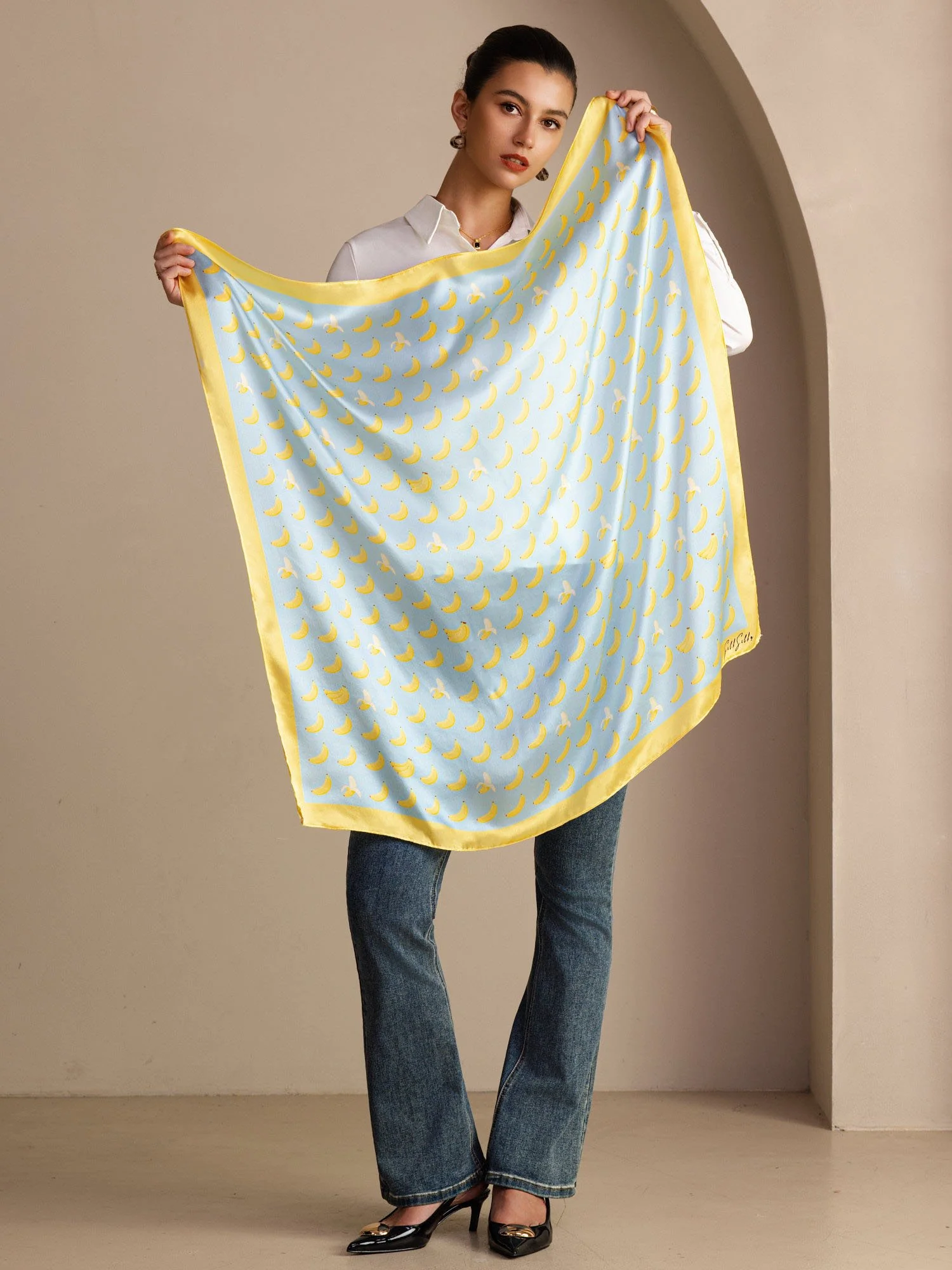 100% Mulberry Silk Banana Pattern Scarf - Size 90x90cm - Image 10