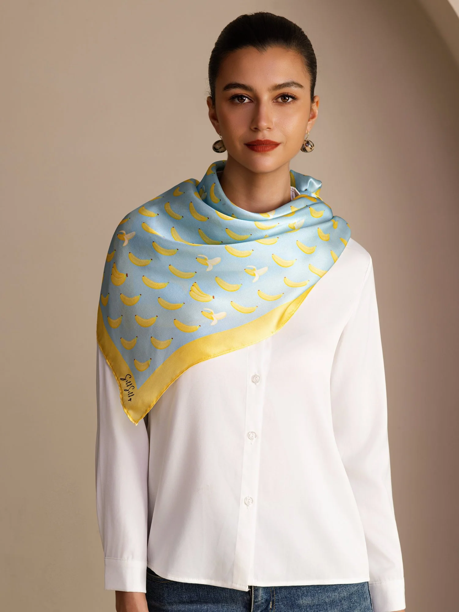 100% Mulberry Silk Banana Pattern Scarf - Size 90x90cm - Image 7