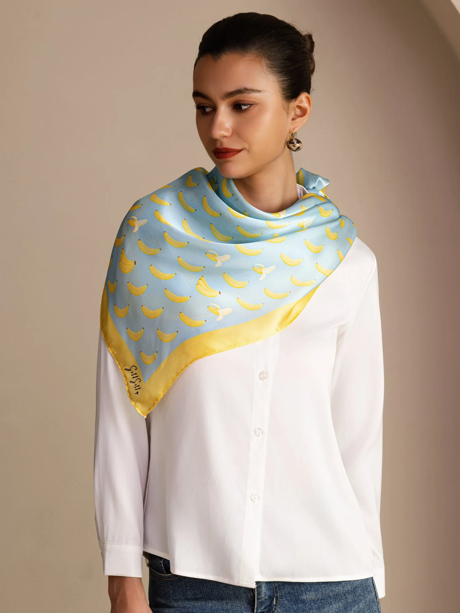 100% Mulberry Silk Banana Pattern Scarf - Size 90x90cm - Image 8