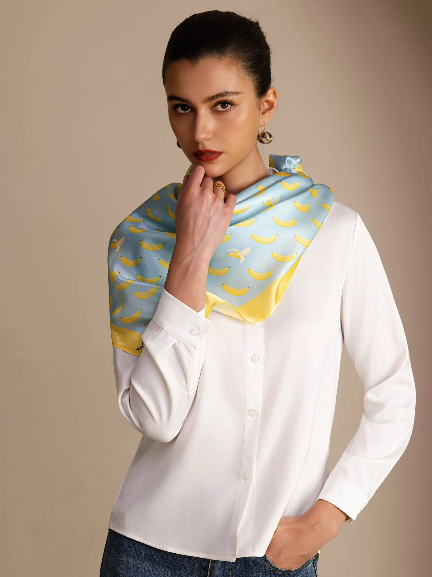 100% Mulberry Silk Banana Pattern Scarf - Size 90x90cm - Image 9