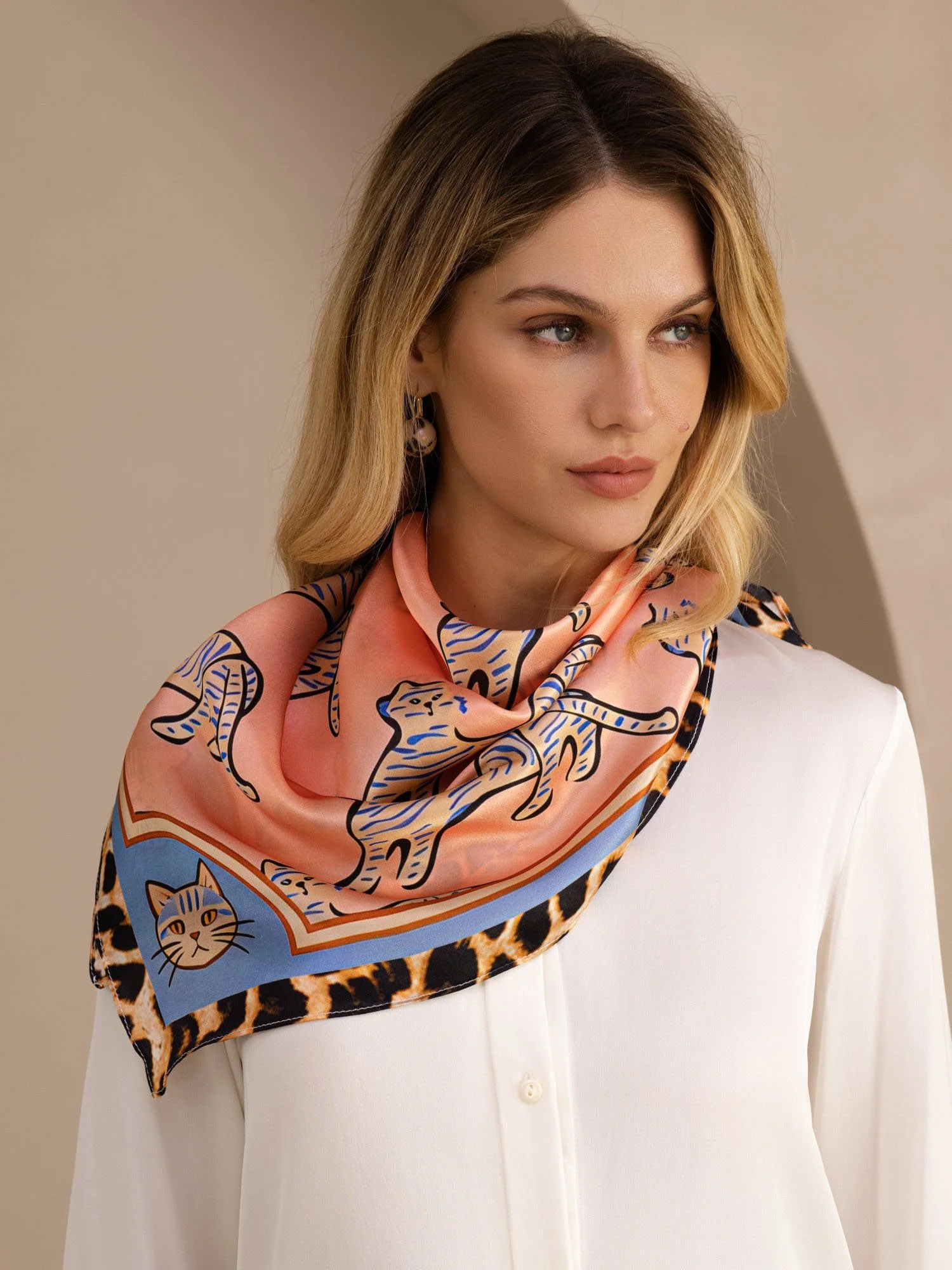 100% Mulberry Silk Cat Pattern Scarf - Size 90x90cm - Image 2
