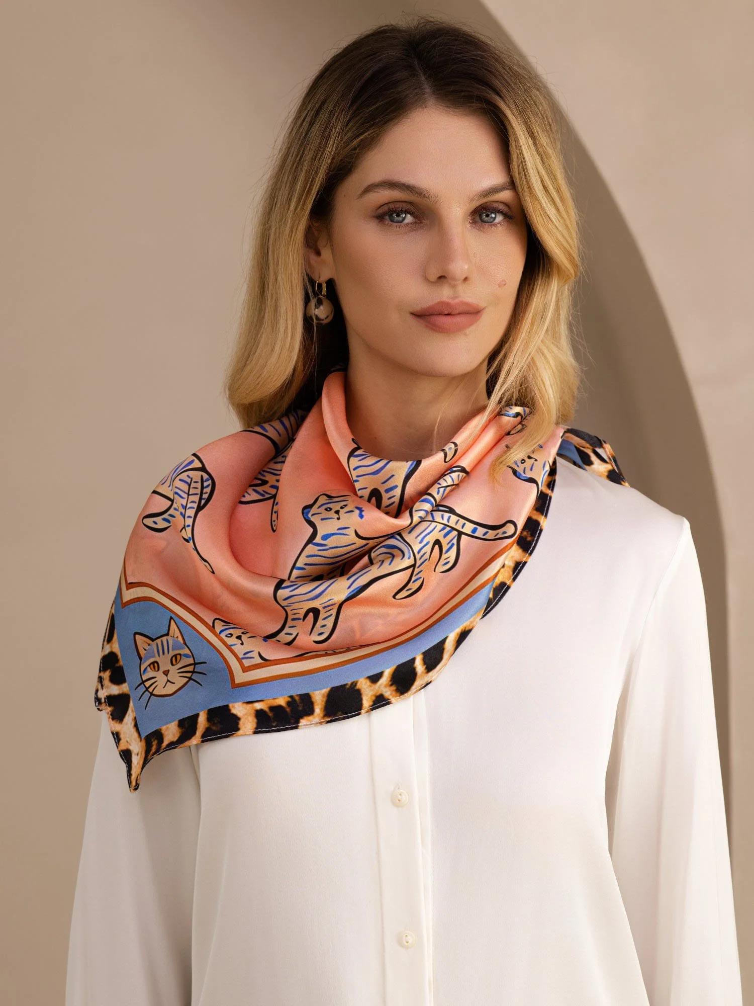 100% Mulberry Silk Cat Pattern Scarf - Size 90x90cm - Image 4