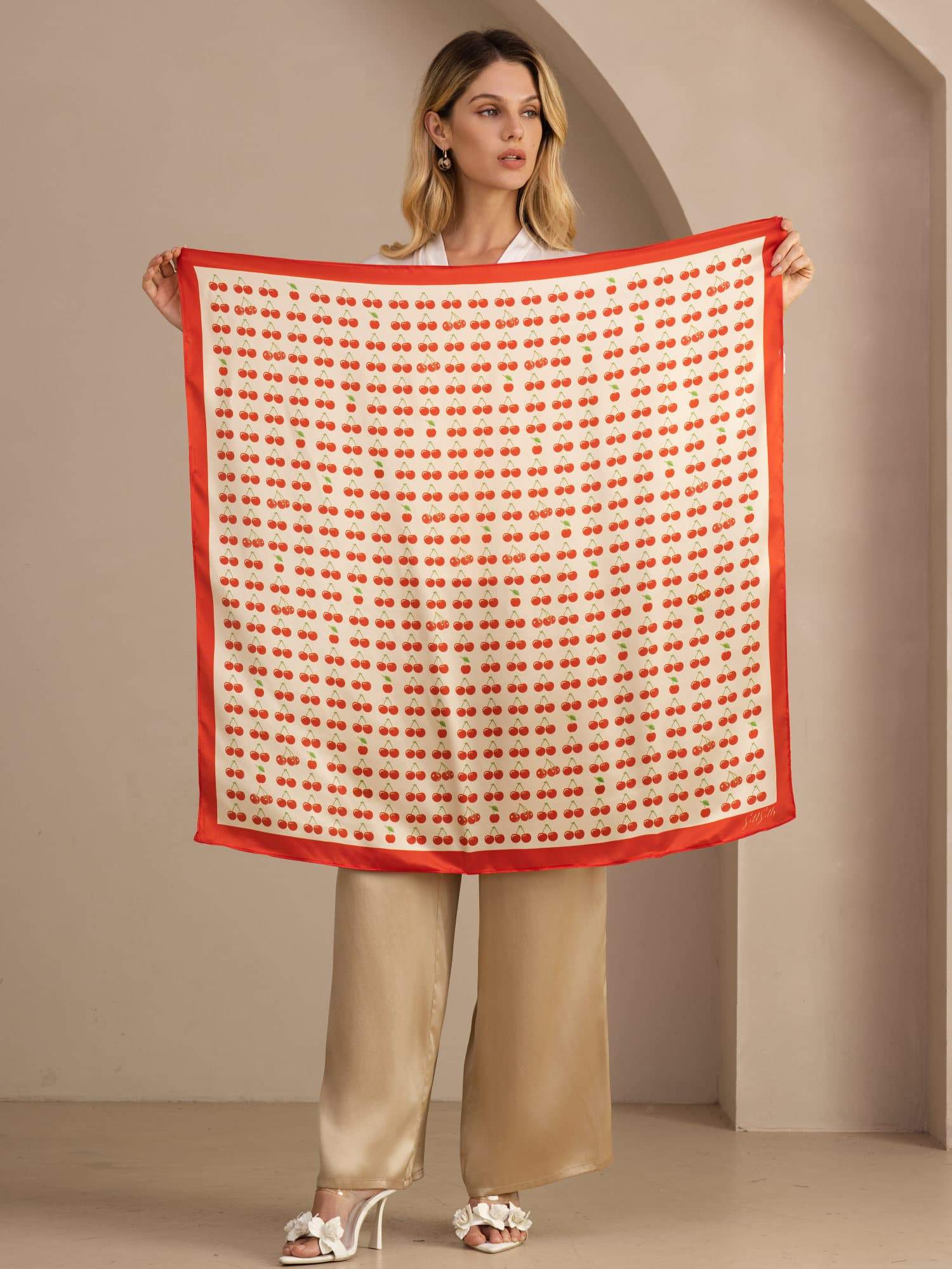100% Mulberry Silk Cherry Pattern Scarf - Size 90x90cm - Image 10