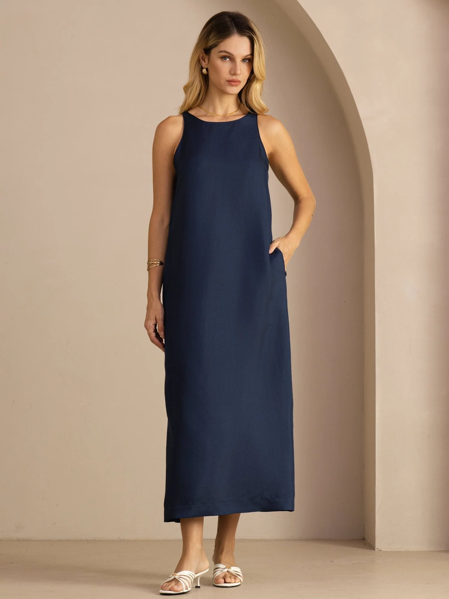 100% Mulberry Silk Crew Neck  Sleeveless Self-Tie Midi Dress - Image 5
