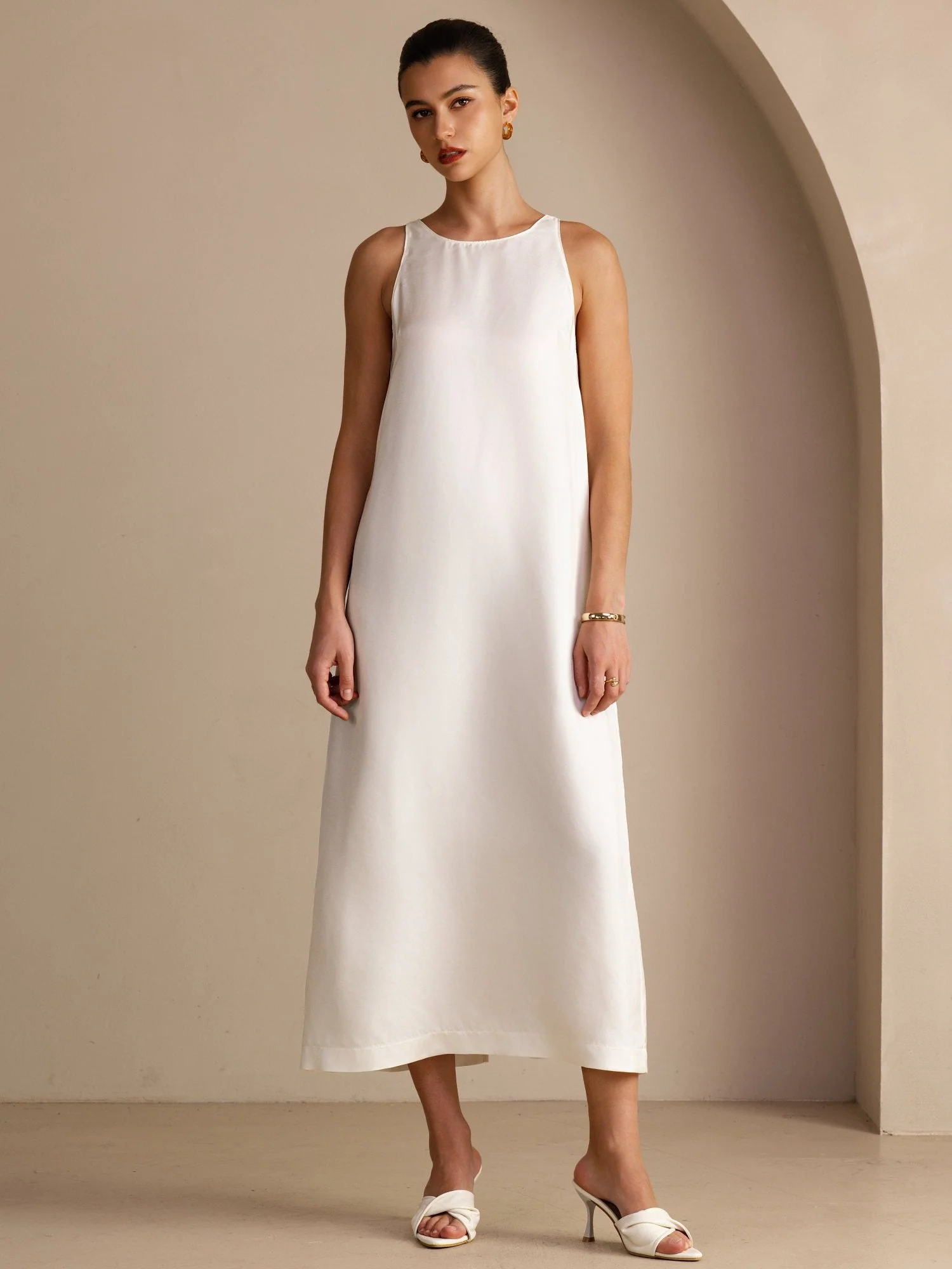 100% Mulberry Silk Crew Neck  Sleeveless Self-Tie Midi Dress - Image 8