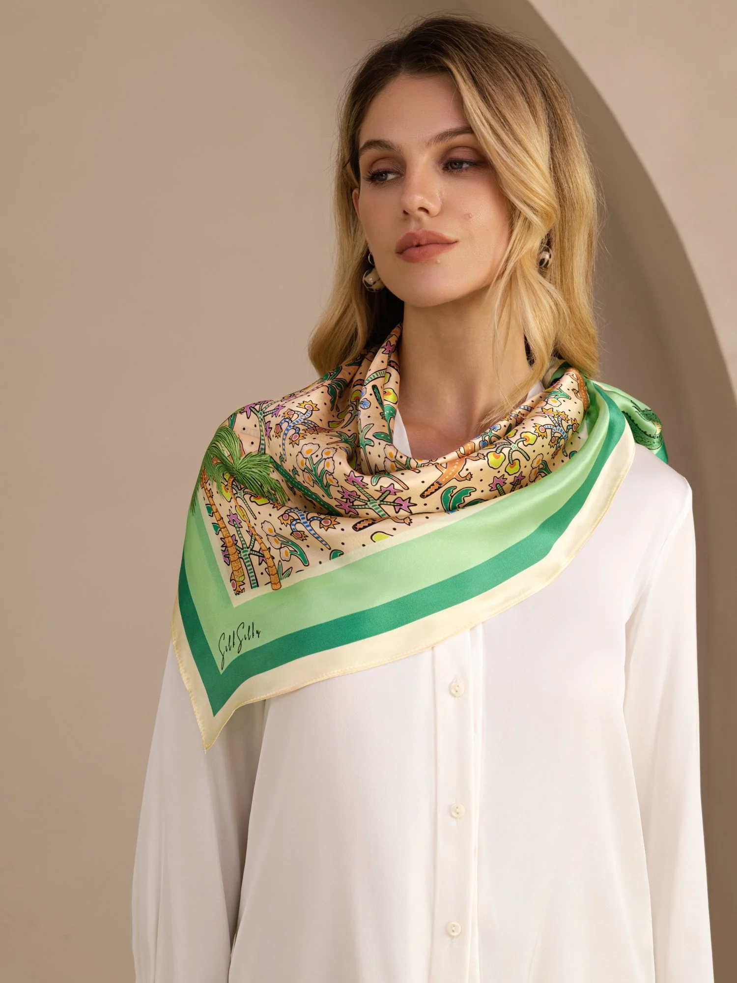 100% Mulberry Silk Crocodile Pattern Scarf - Size 90x90cm - Image 3