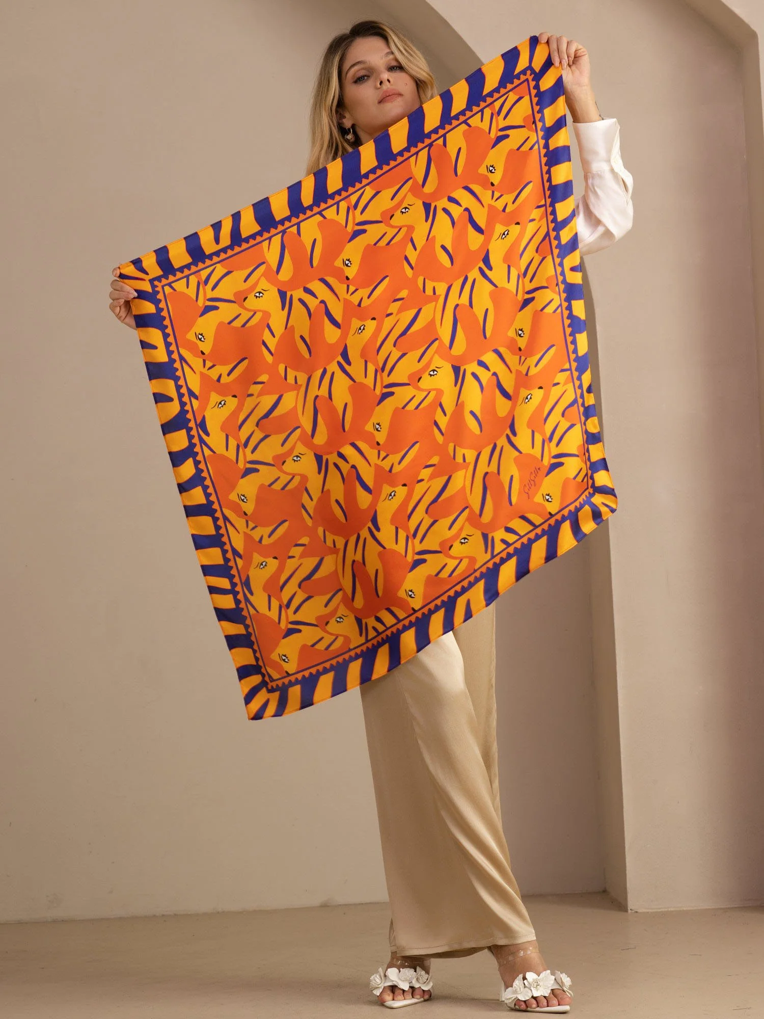 100% Mulberry Silk Dog Pattern Scarf - Size 90x90cm - Image 4