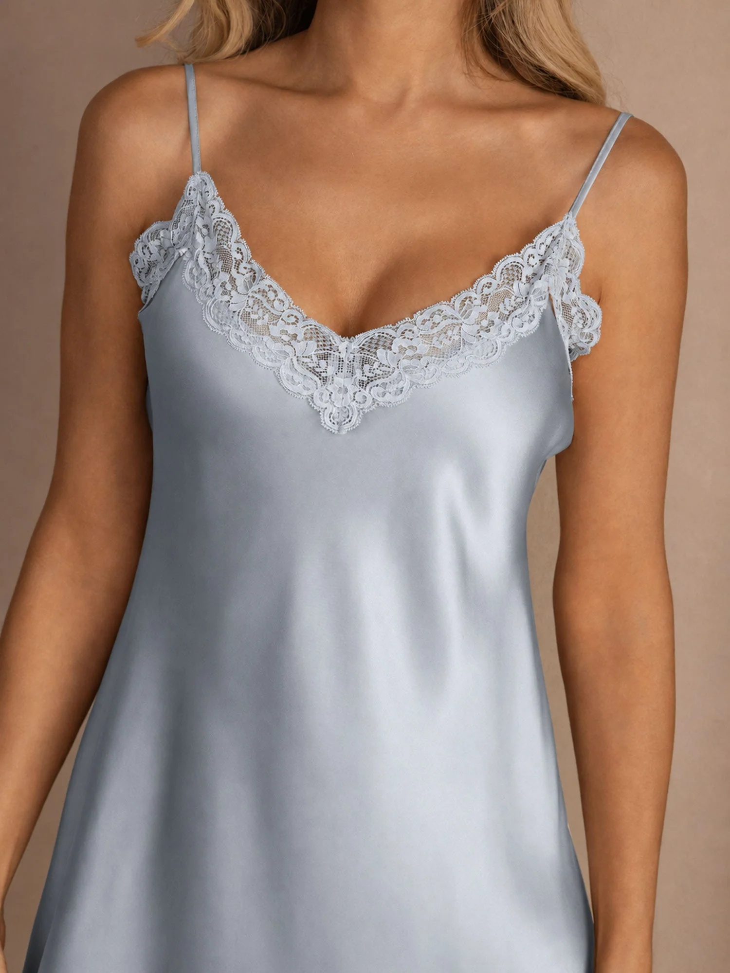 100% Mulberry Silk Elegant Slip Lace Trim V Neck Short Nightgown - Image 47