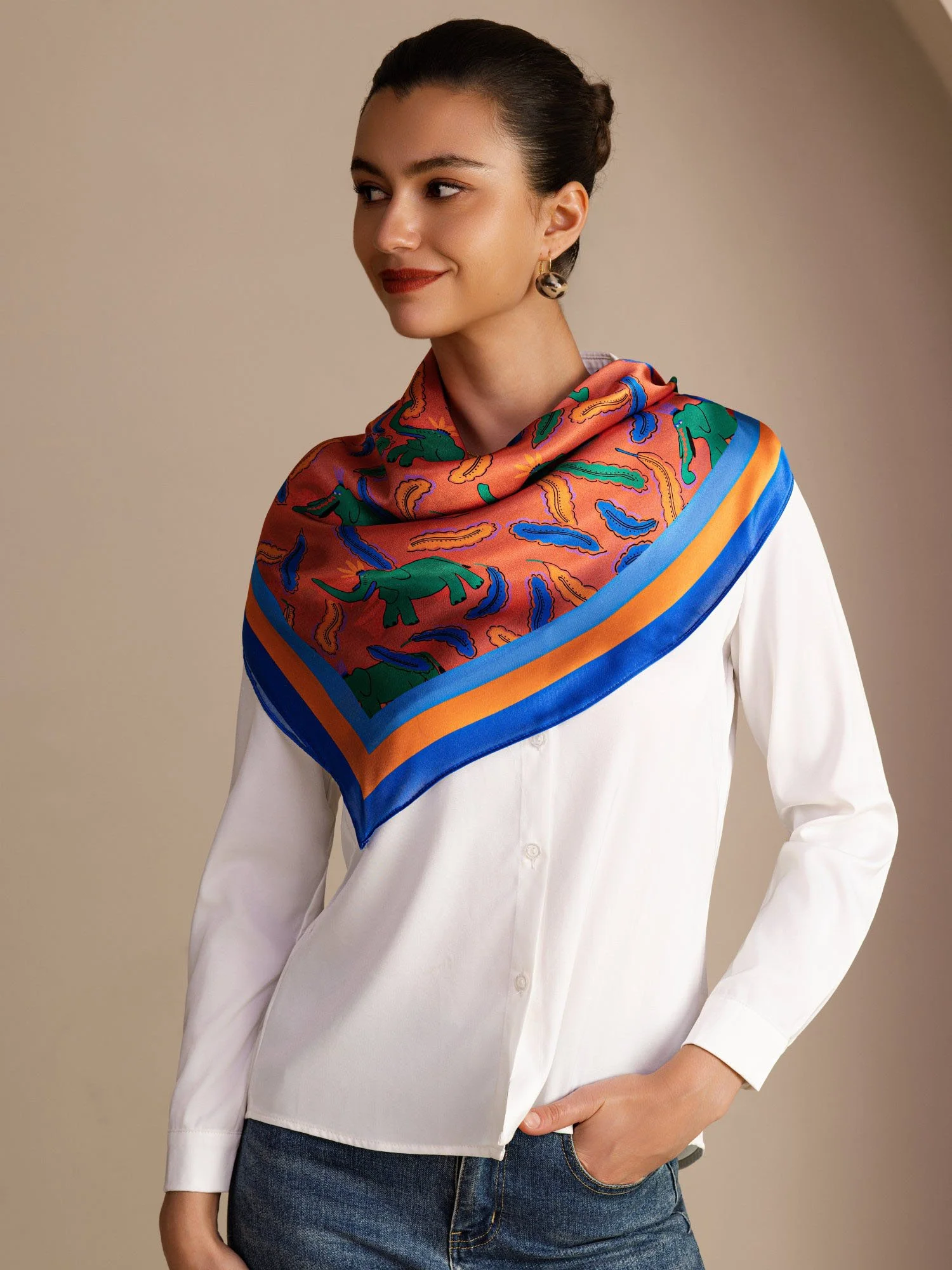 100% Mulberry Silk Elephant Pattern Scarf - Size 90x90cm - Image 2