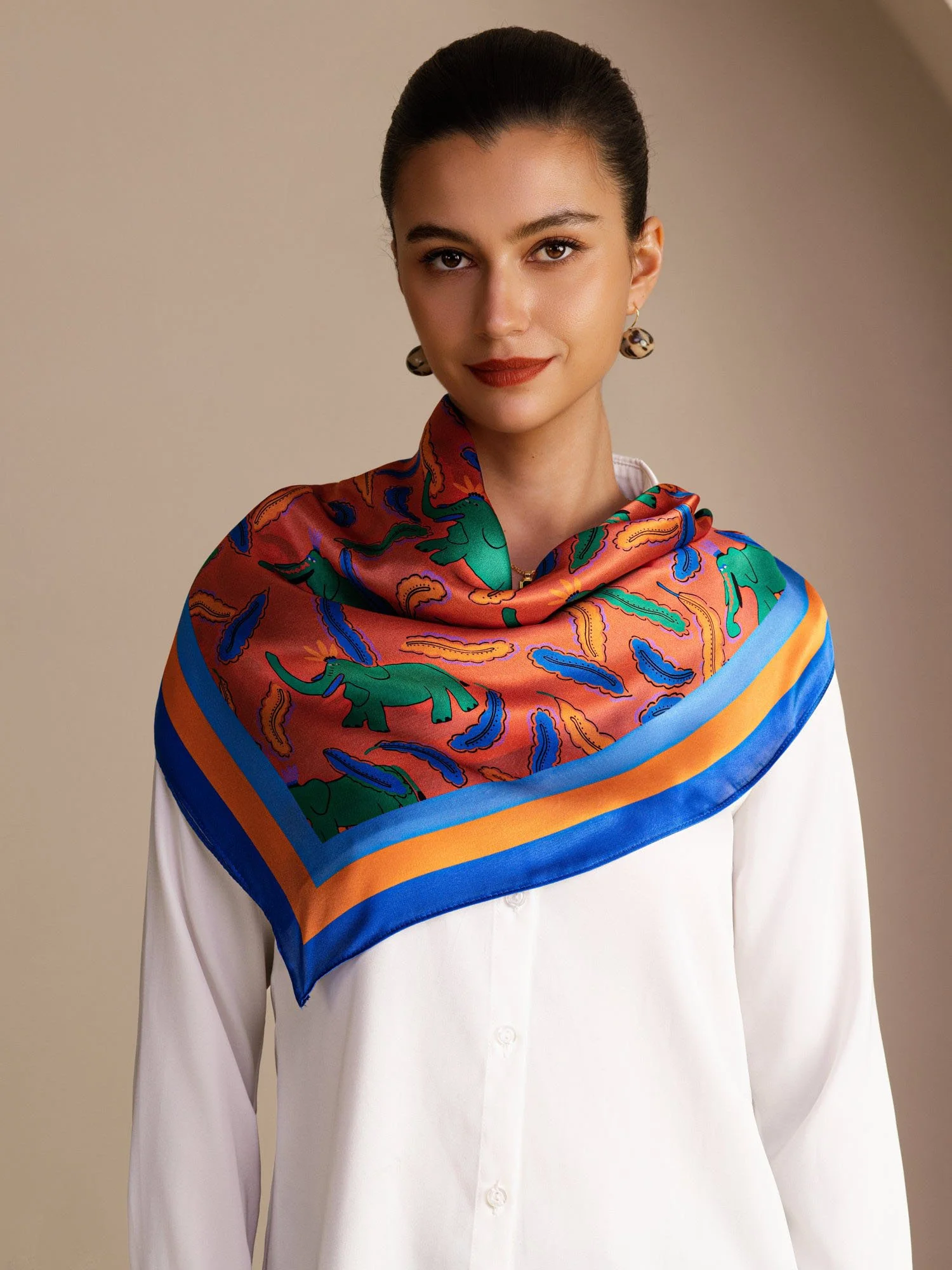100% Mulberry Silk Elephant Pattern Scarf - Size 90x90cm - Image 3