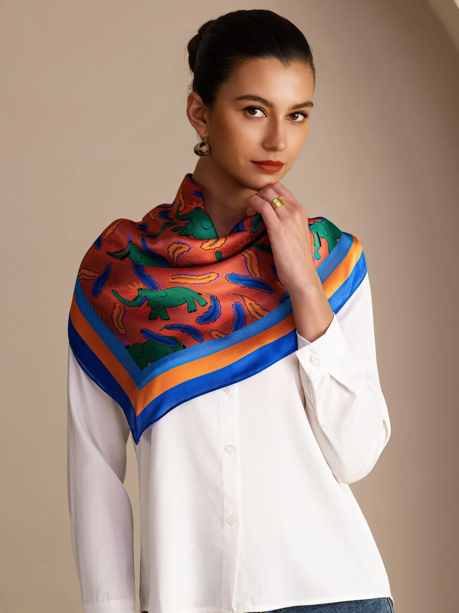 100% Mulberry Silk Elephant Pattern Scarf - Size 90x90cm - Image 4