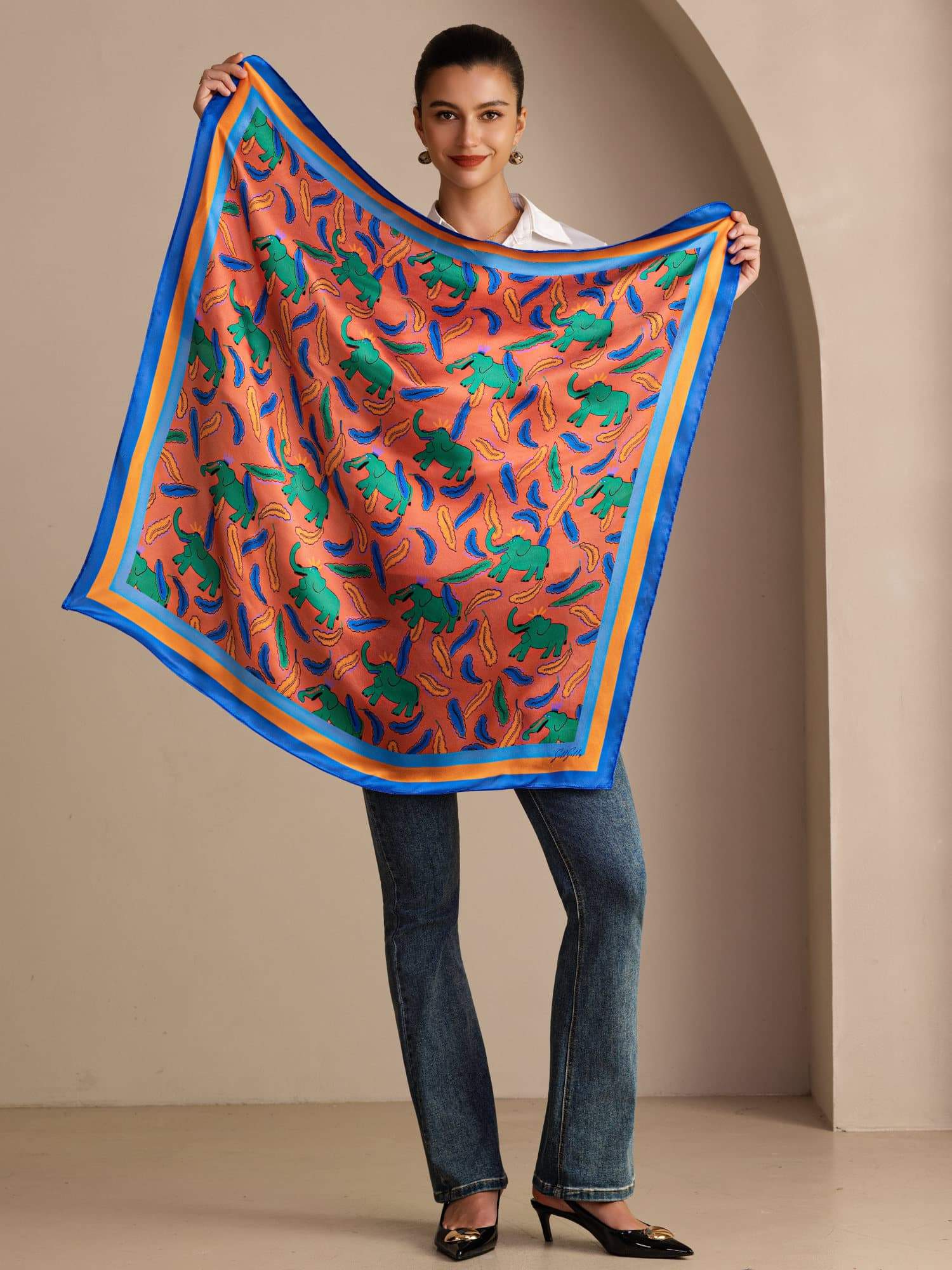 100% Mulberry Silk Elephant Pattern Scarf - Size 90x90cm - Image 5