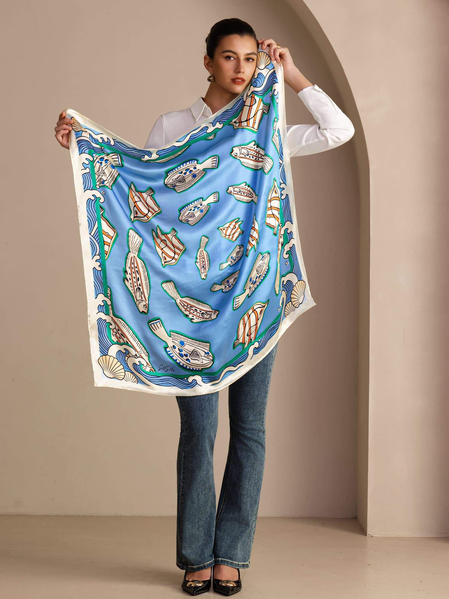 100% Mulberry Silk Fish Pattern Scarf - Size 90x90cm - Image 3