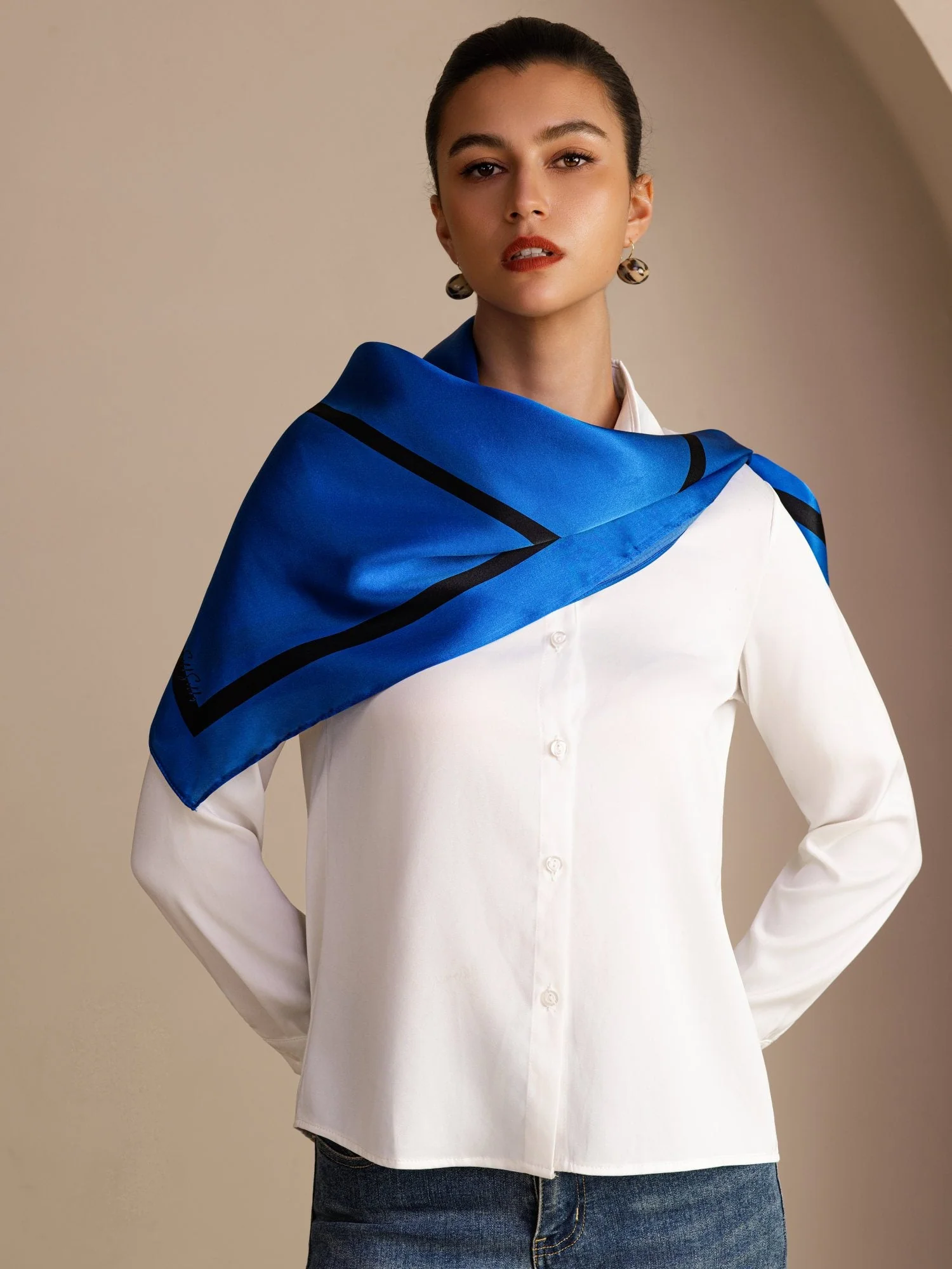 100% Mulberry Silk Geometric Block Pattern Scarf - Size 90x90cm - Image 14