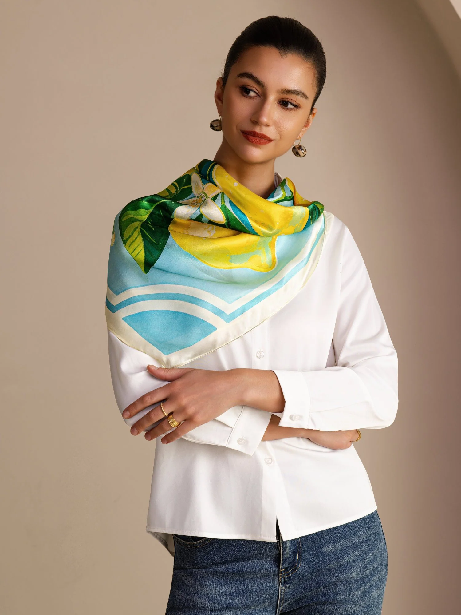 100% Mulberry Silk Lemon Pattern Scarf - Size 90x90cm - Image 5