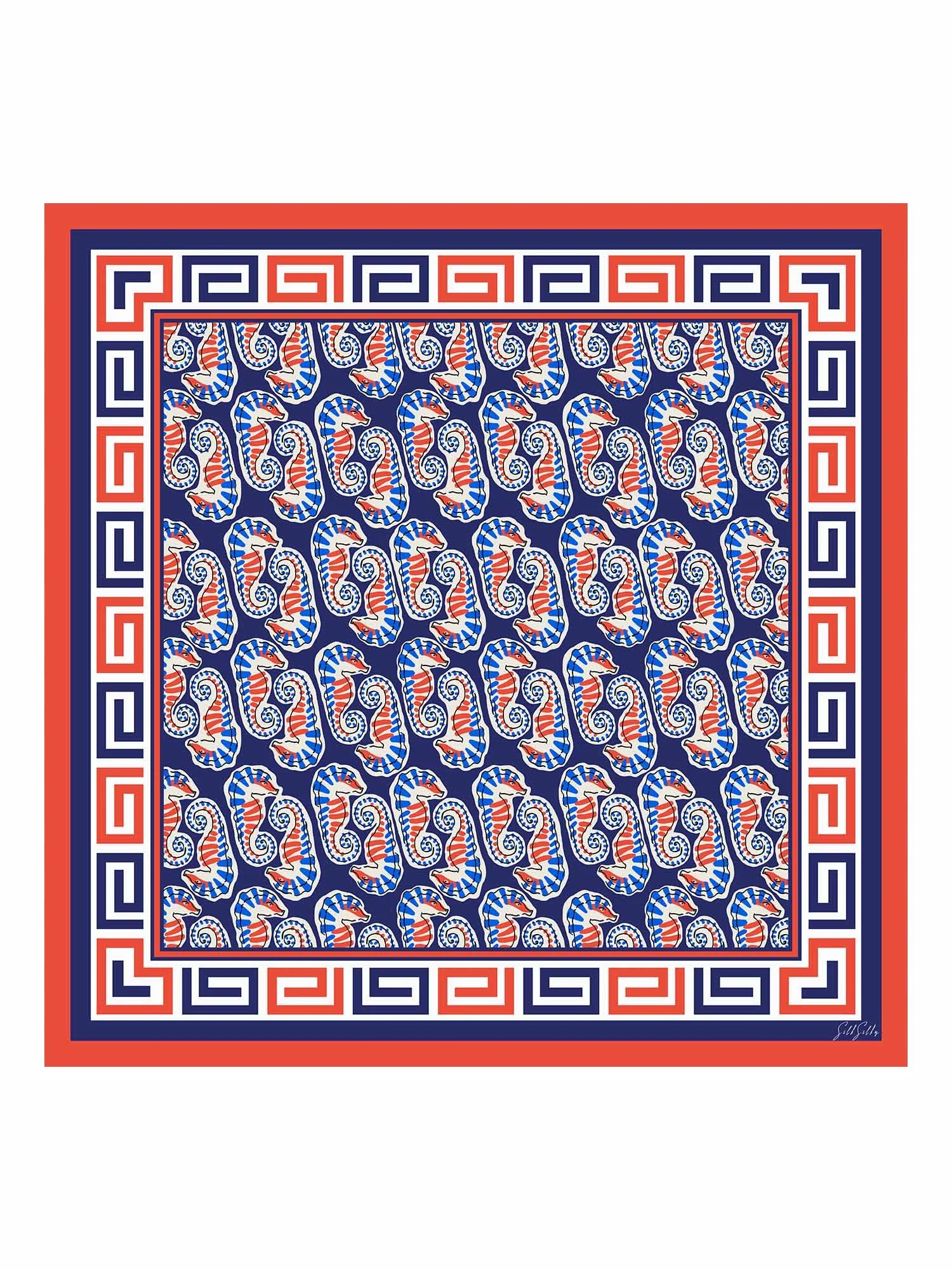 100% Mulberry Silk  Seahorse Pattern Scarf - Size 90x90cm