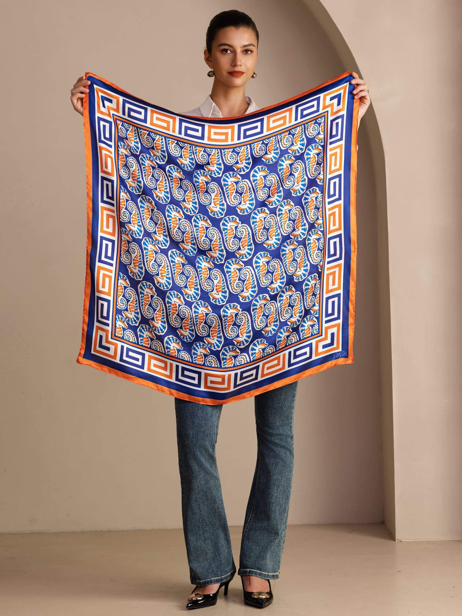 100% Mulberry Silk  Seahorse Pattern Scarf - Size 90x90cm - Image 3