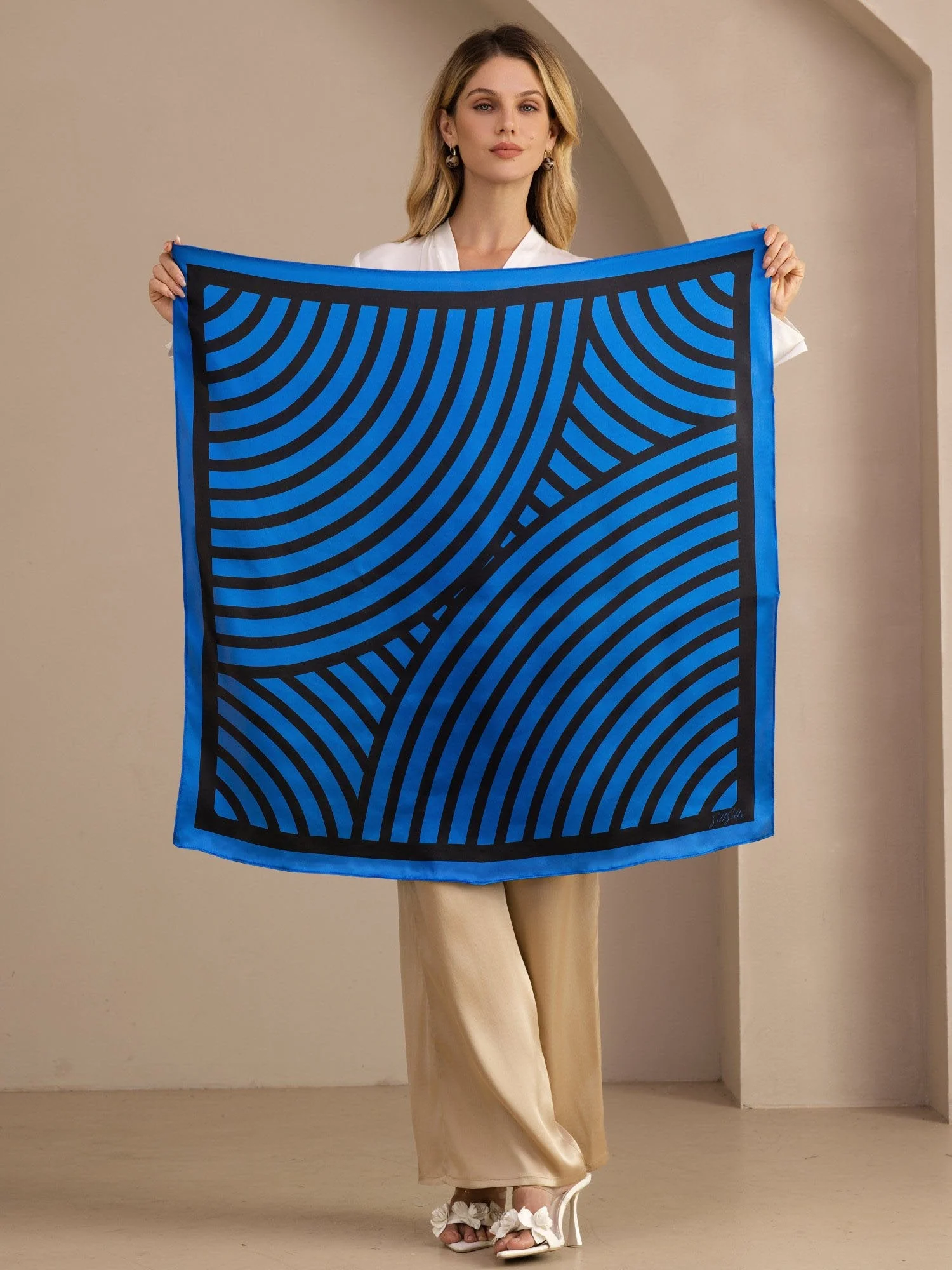 100% Mulberry Silk Semicircular Geometry Printed Scarf - Size 90x90cm - Image 13