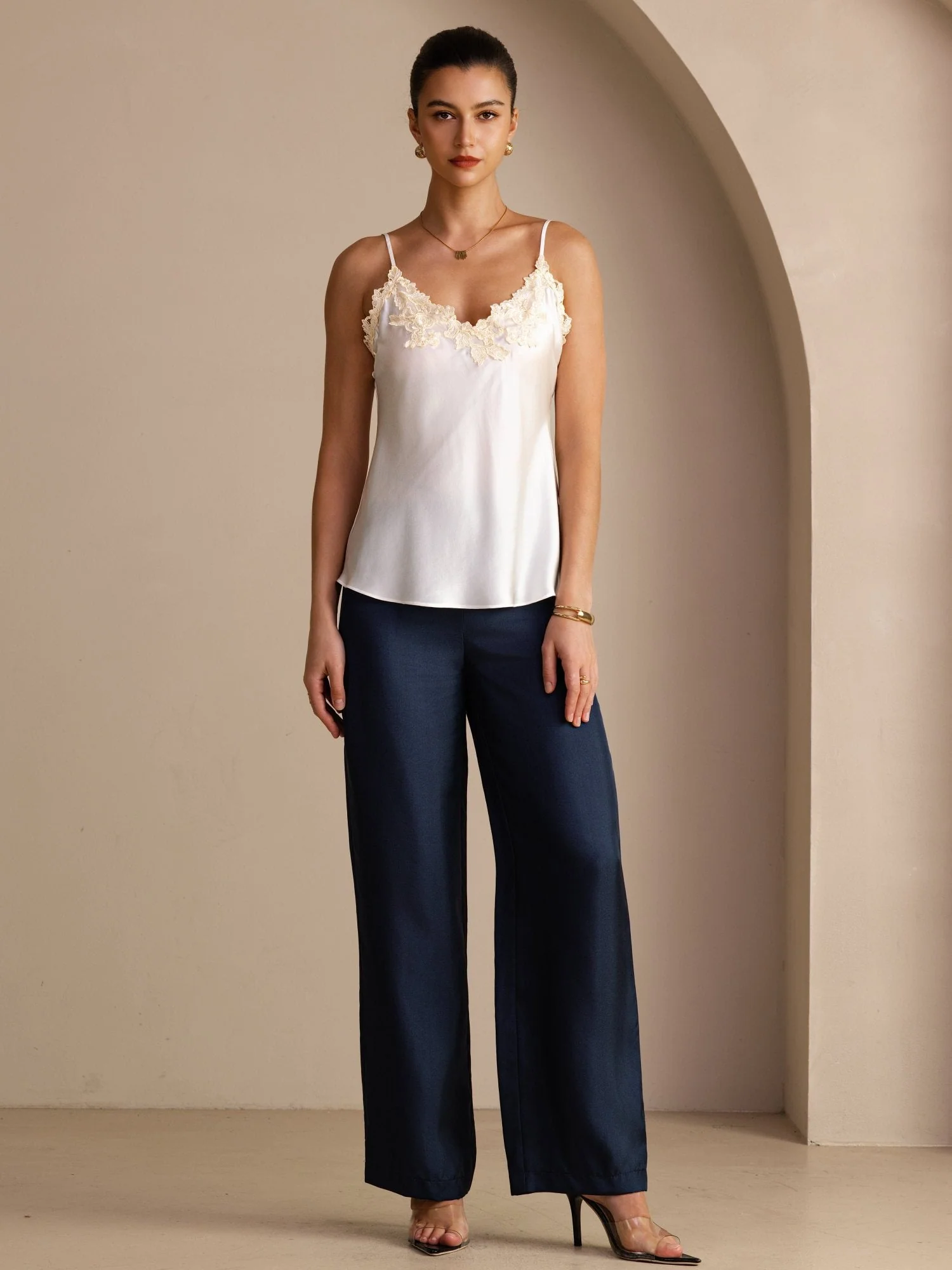 100% Mulberry Silk Spaghetti Strap V-neck Lace Camisole Top - Image 13