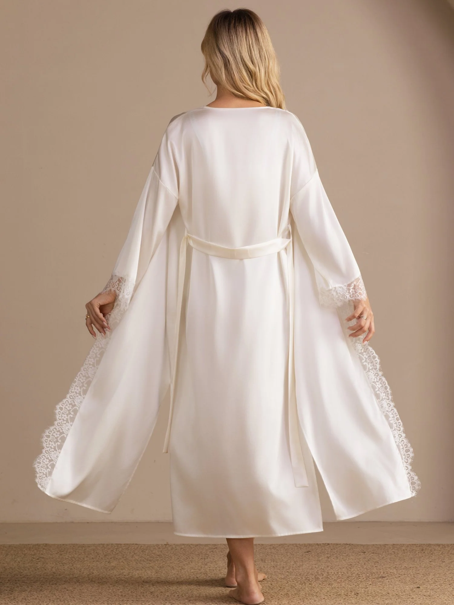 100% Mulberry Silk Women's Kimono Sleeves  Lace Trim Midi Robe for Bridal - Image 2