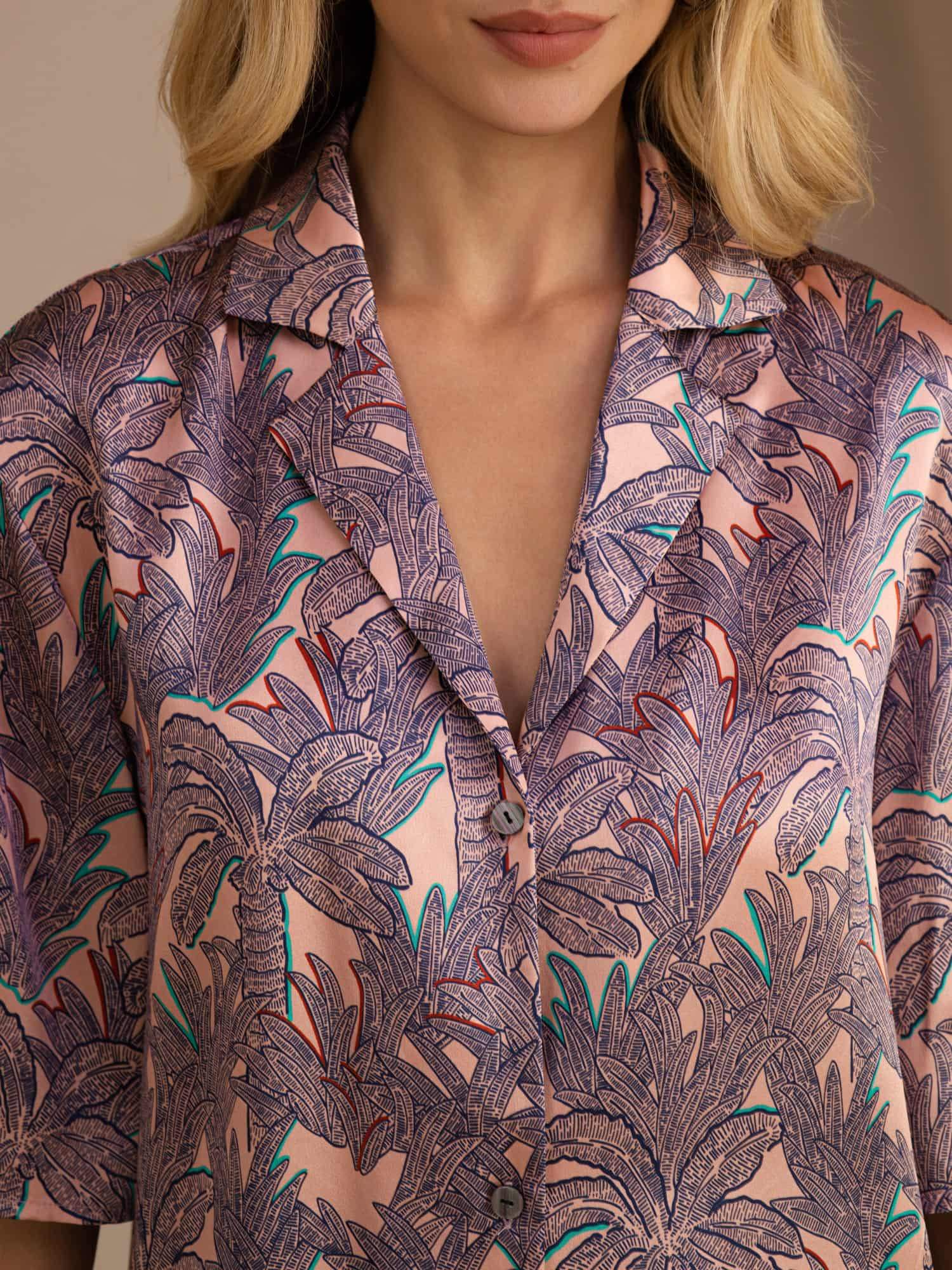 100% Mulberry Silk Women's Palm Tree Print Short Sleeve Button Up Pajamas Set - Image 5