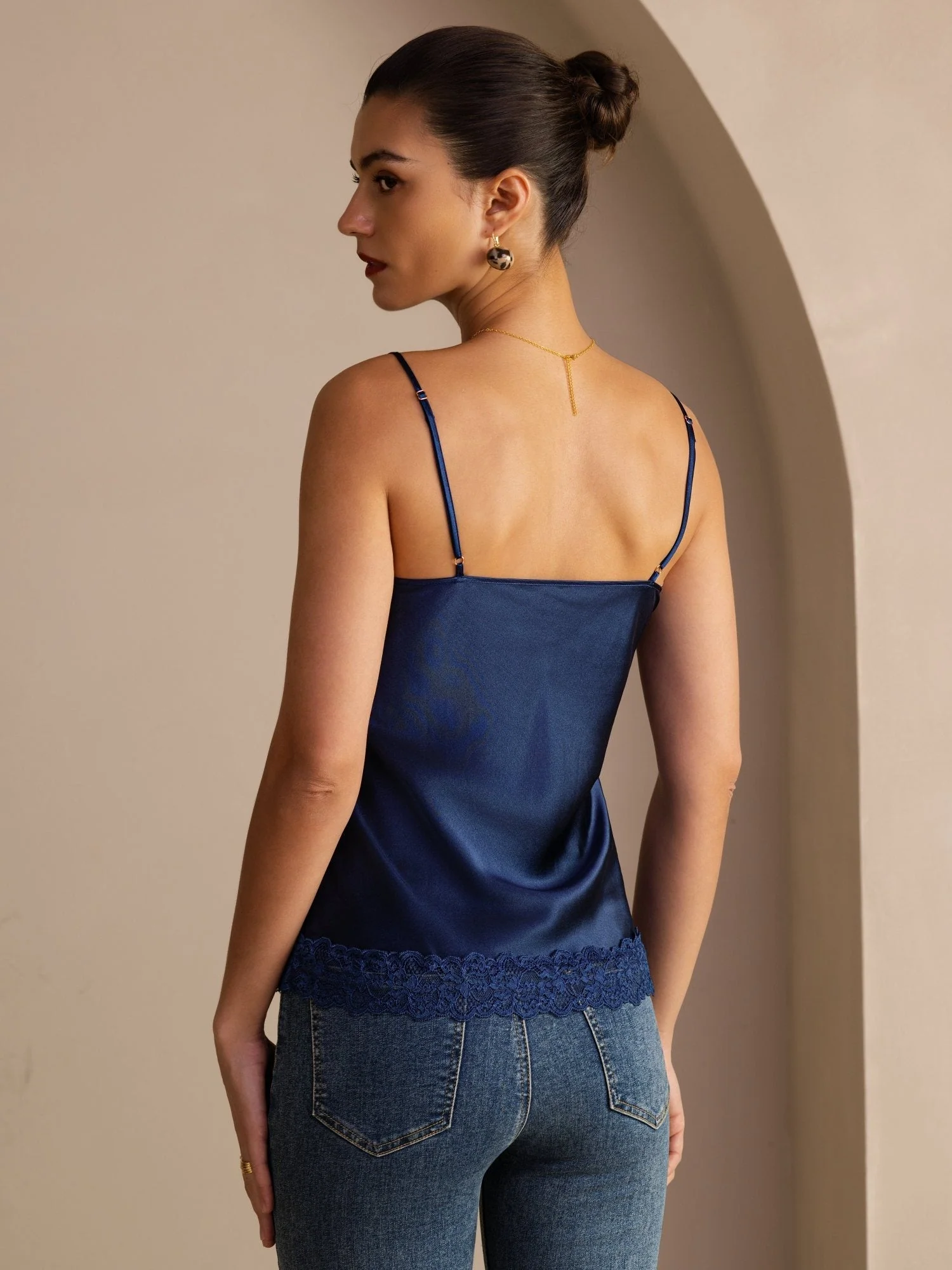 100% Mulberry Silk Women's Spaghetti Strap V Neck Lace Trim Camisole Top - Image 17