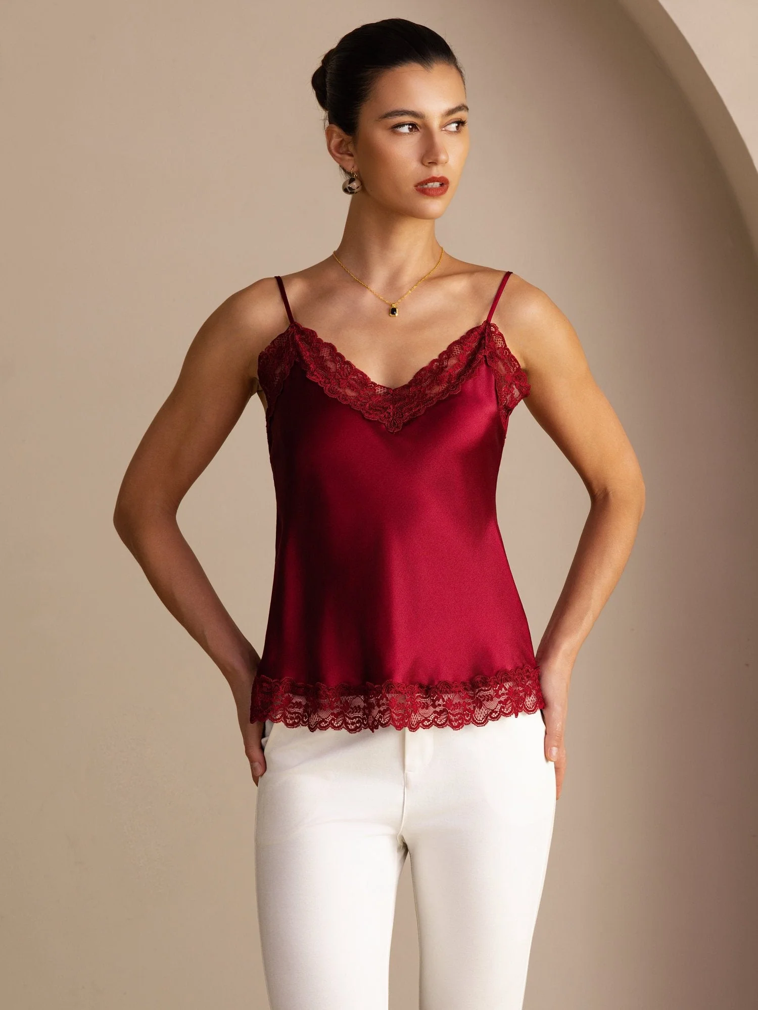 100% Mulberry Silk Women's Spaghetti Strap V Neck Lace Trim Camisole Top - Image 26