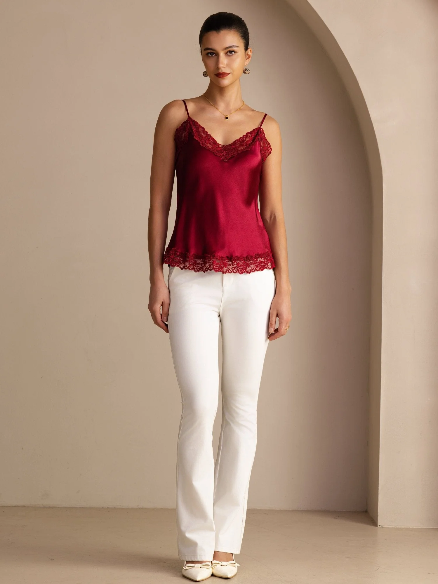 100% Mulberry Silk Women's Spaghetti Strap V Neck Lace Trim Camisole Top - Image 27