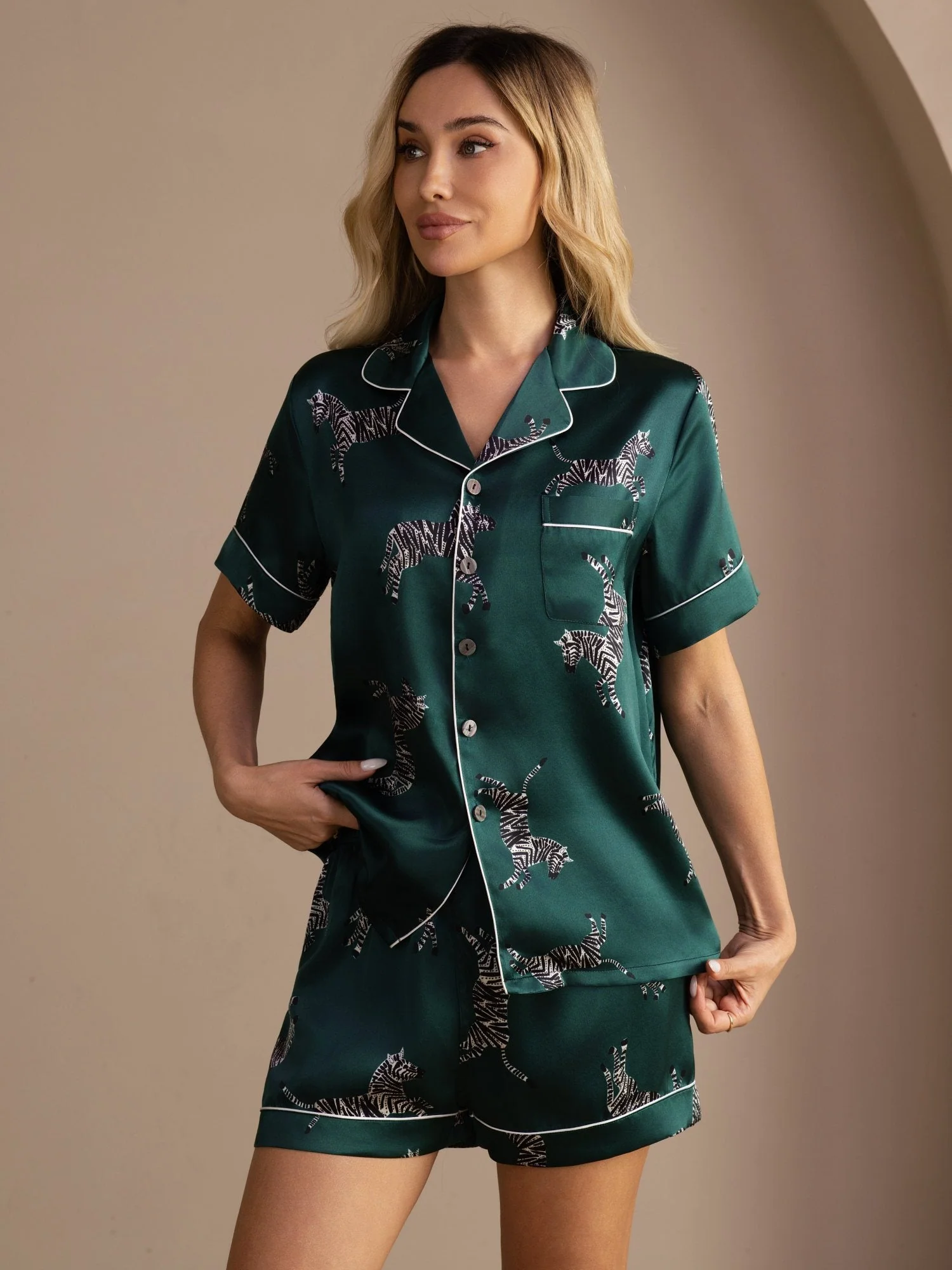 100% Mulberry Silk Women's Zebra Print Short Sleeve Button Up Pajama Set - Image 3