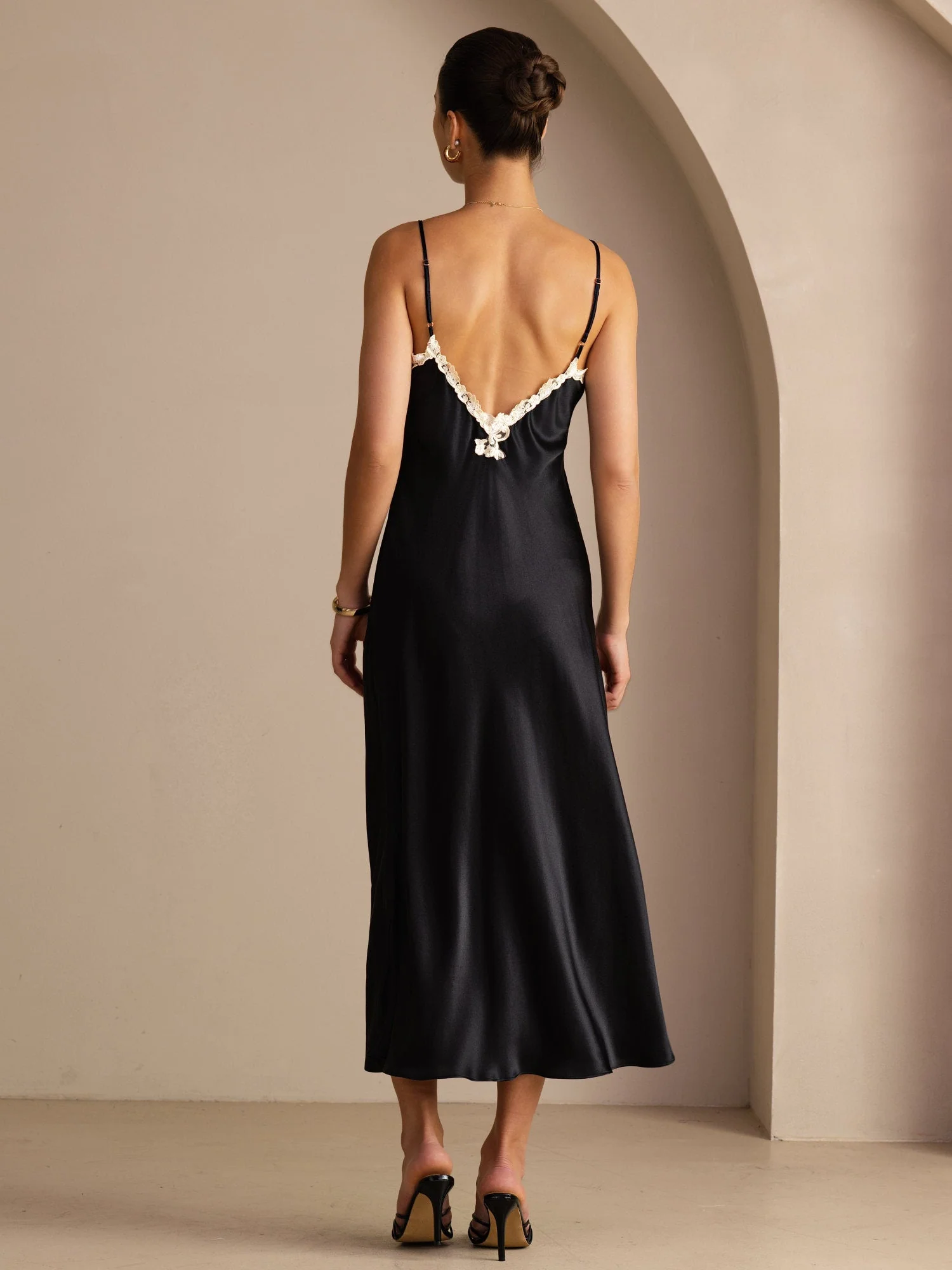 Pure Silk Spaghetti Strap V Neck Midi Dress with Lace V-Back Design - Image 15