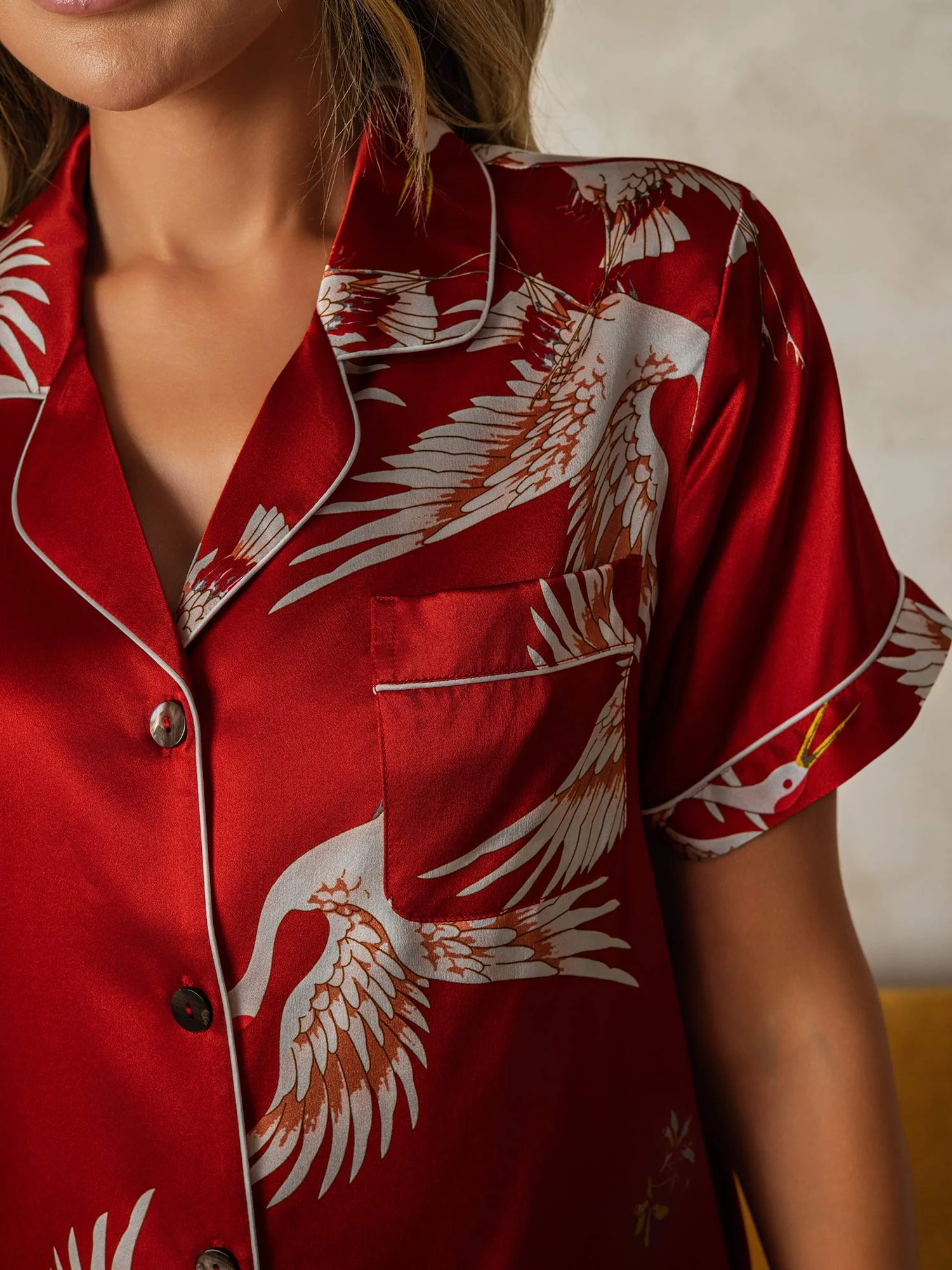 19Momme Pure Silk Crane Print Short Sleeve Notch Collar Women's Pyjamas Set - Image 17