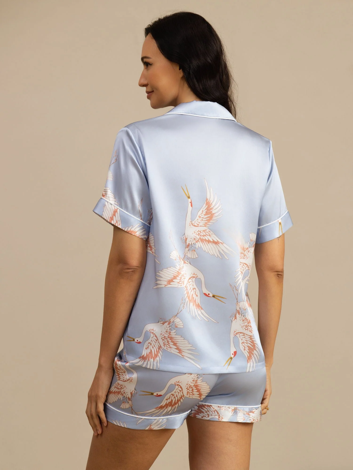 19Momme Pure Silk Crane Print Short Sleeve Notch Collar Women's Pyjamas Set - Image 23