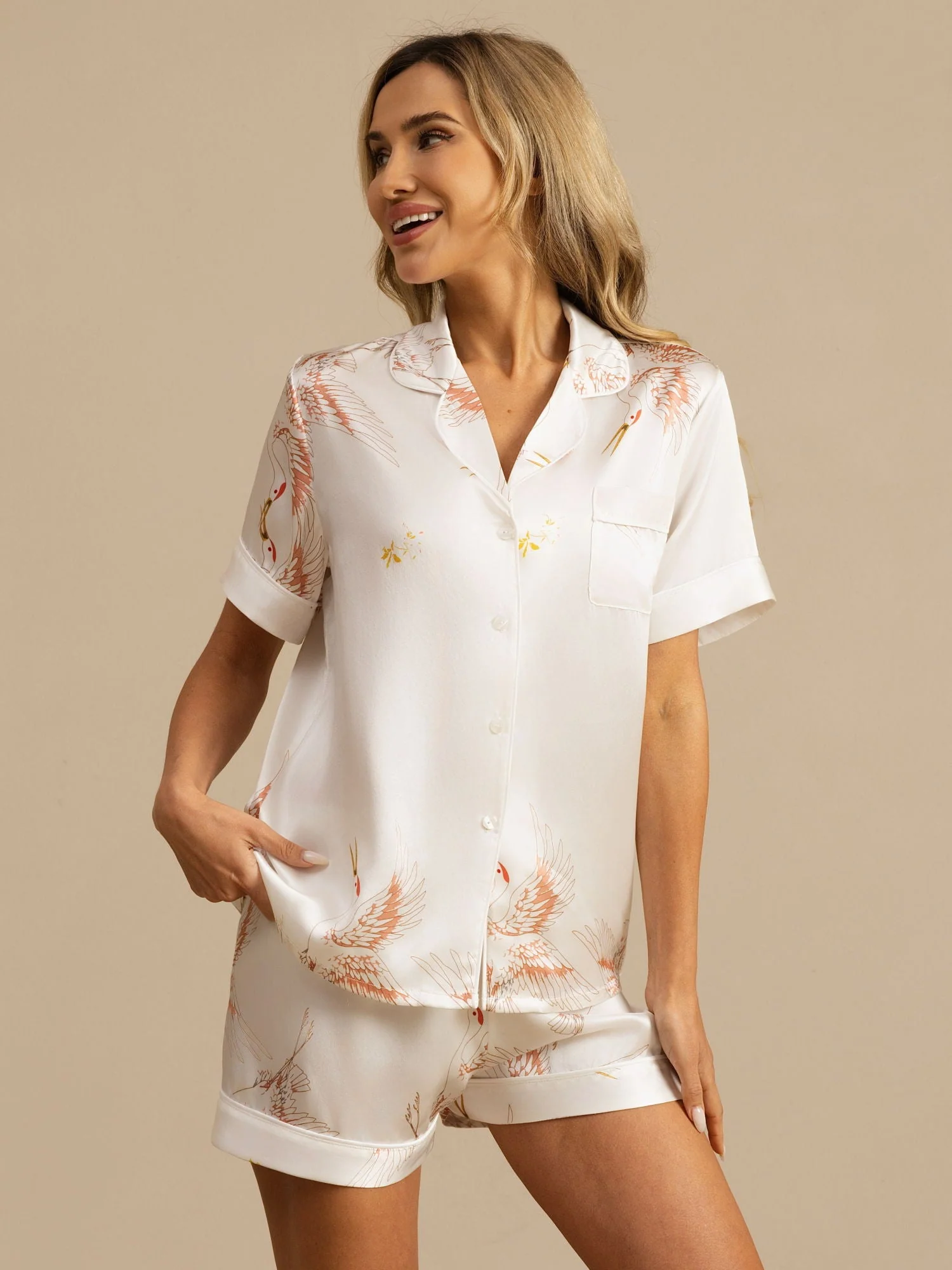 19Momme Pure Silk Crane Print Short Sleeve Notch Collar Women's Pyjamas Set - Image 29
