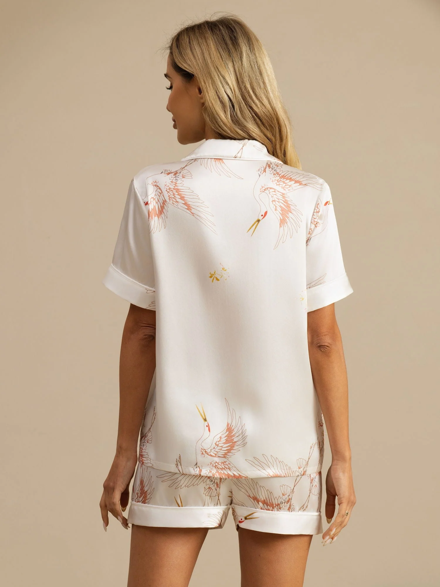 19Momme Pure Silk Crane Print Short Sleeve Notch Collar Women's Pyjamas Set - Image 30