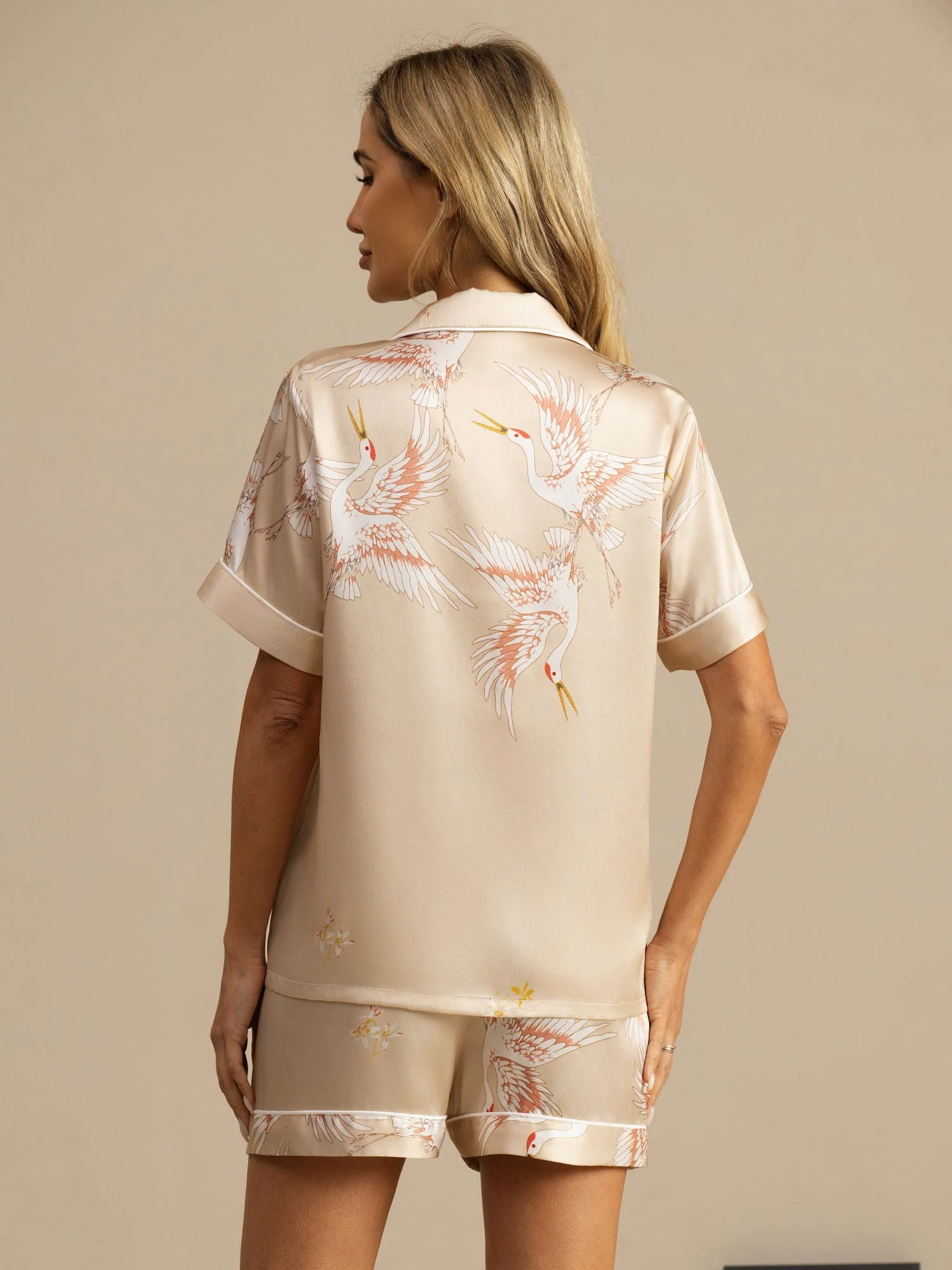 19Momme Pure Silk Crane Print Short Sleeve Notch Collar Women's Pyjamas Set - Image 37