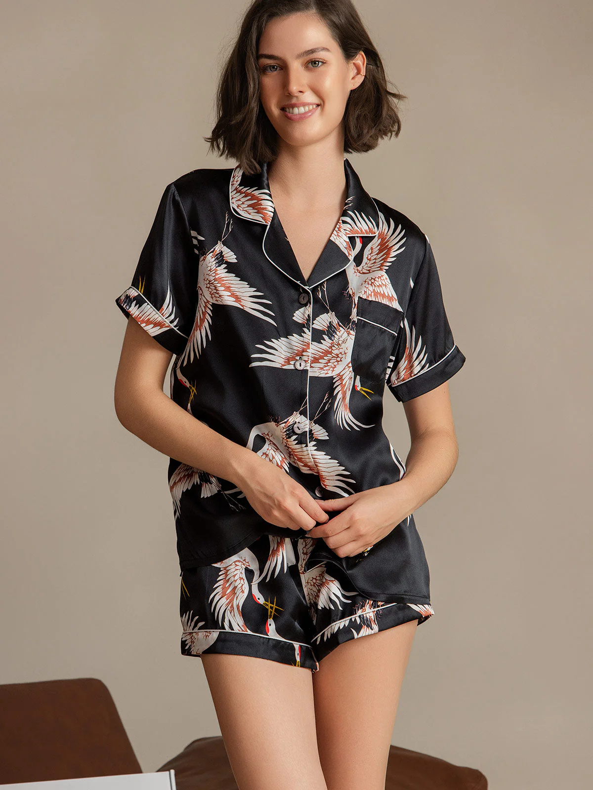19Momme Pure Silk Crane Print Short Sleeve Notch Collar Women's Pyjamas Set - Image 43