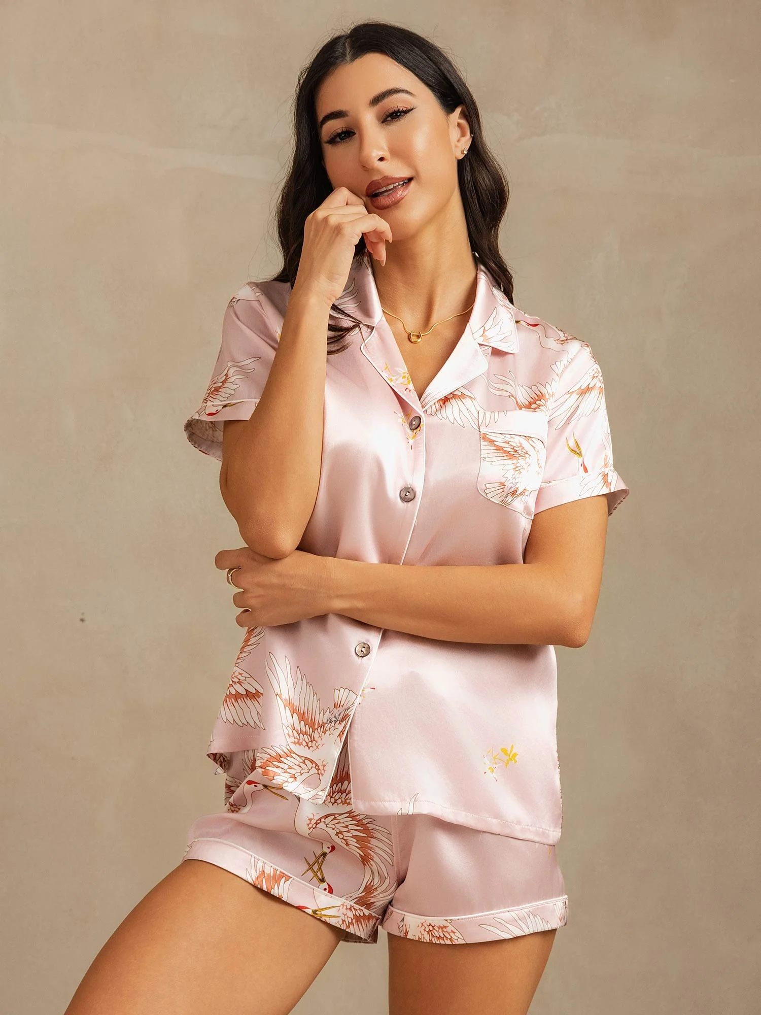 19Momme Pure Silk Crane Print Short Sleeve Notch Collar Women's Pyjamas Set - Image 9