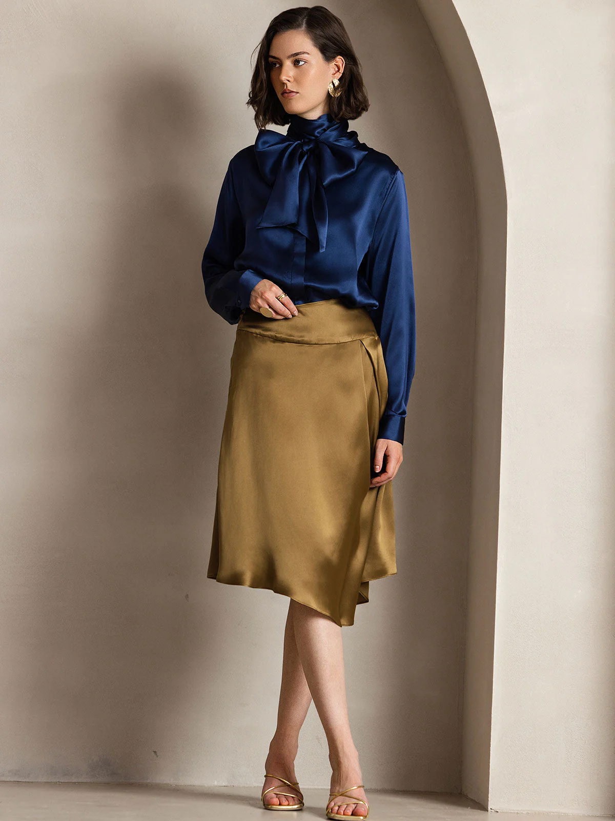 19Momme Silk Long Sleeve High Neck Bow Tie Blouse - Image 12