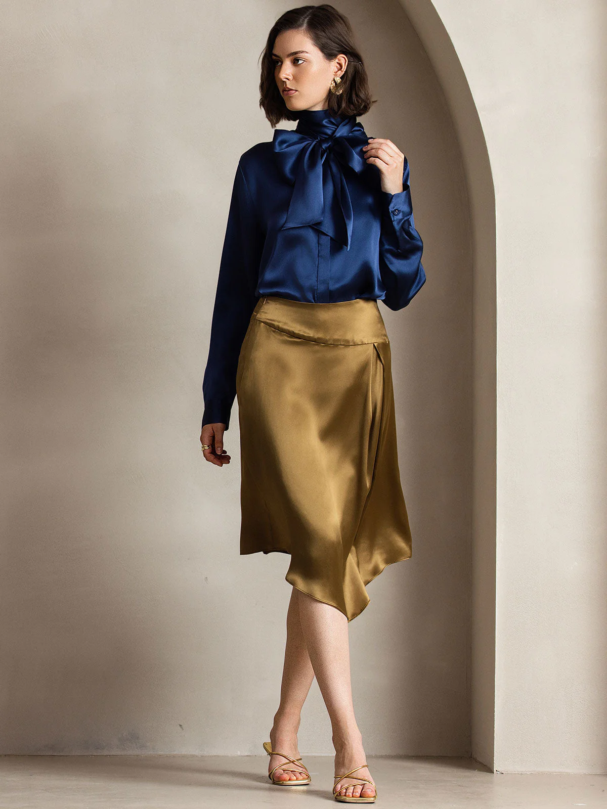 19Momme Silk Long Sleeve High Neck Bow Tie Blouse - Image 14