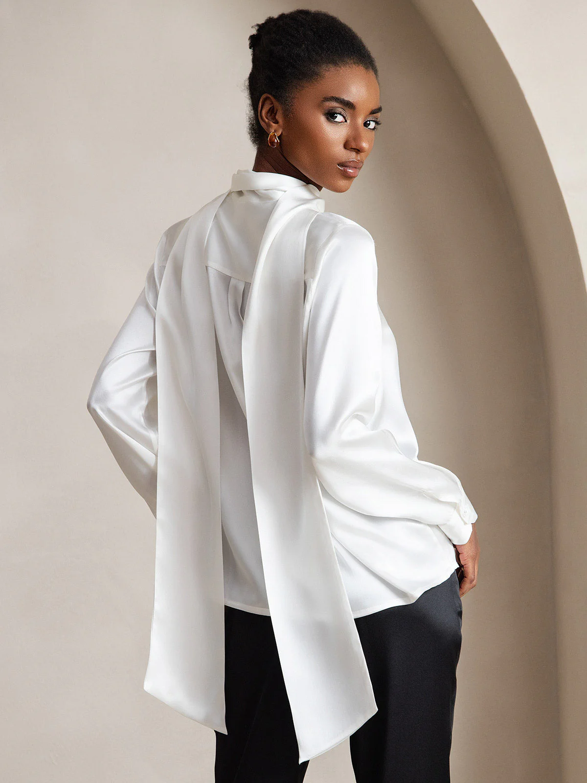 19Momme Silk Long Sleeve High Neck Bow Tie Blouse - Image 2