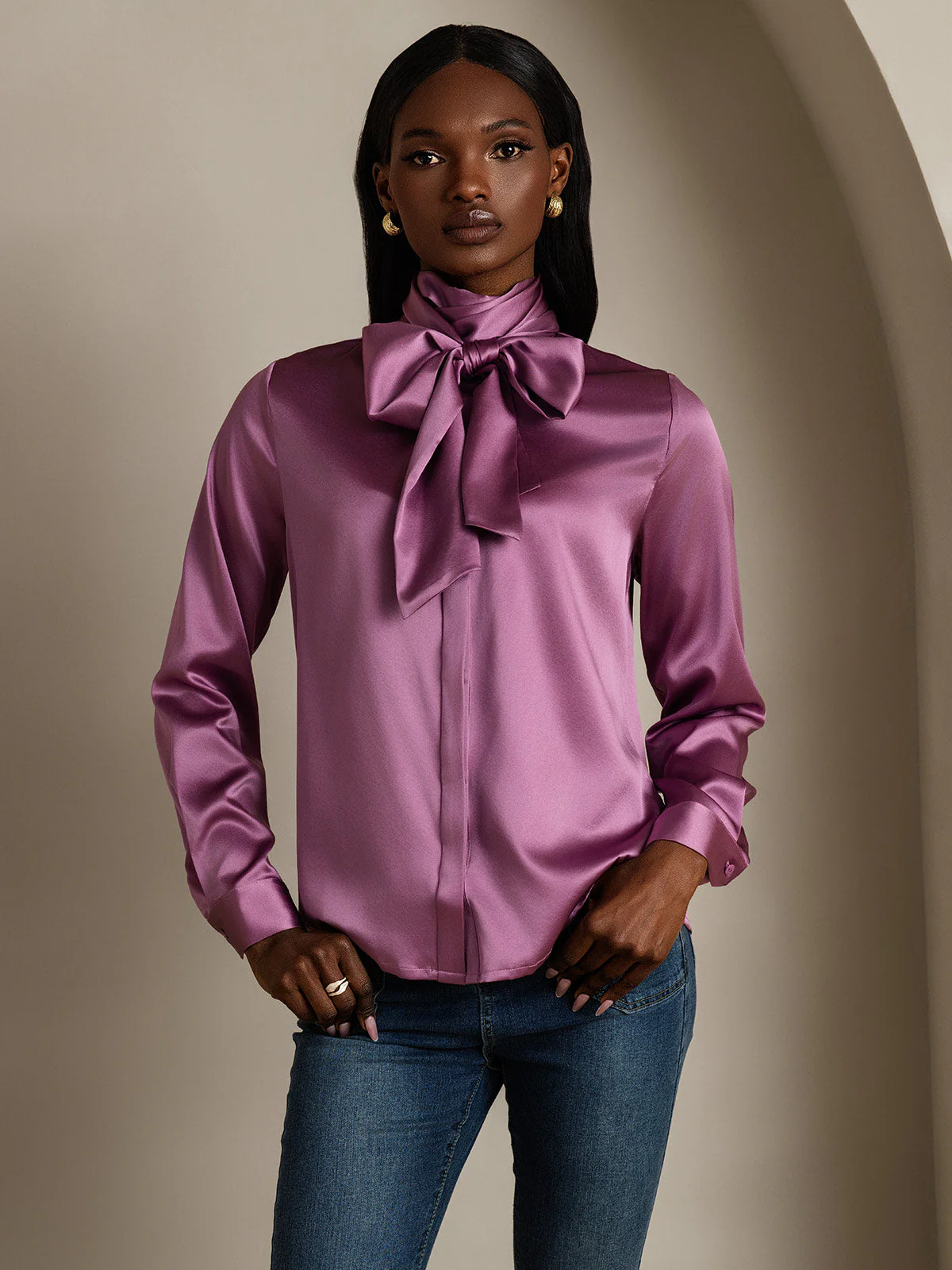19Momme Silk Long Sleeve High Neck Bow Tie Blouse - Image 33