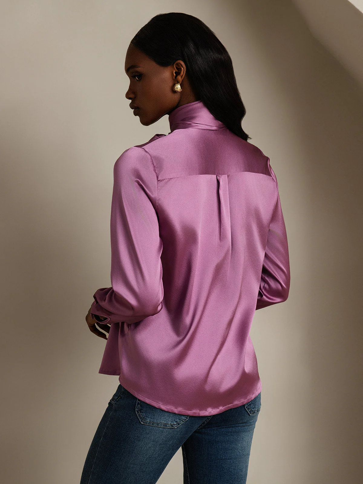 19Momme Silk Long Sleeve High Neck Bow Tie Blouse - Image 34