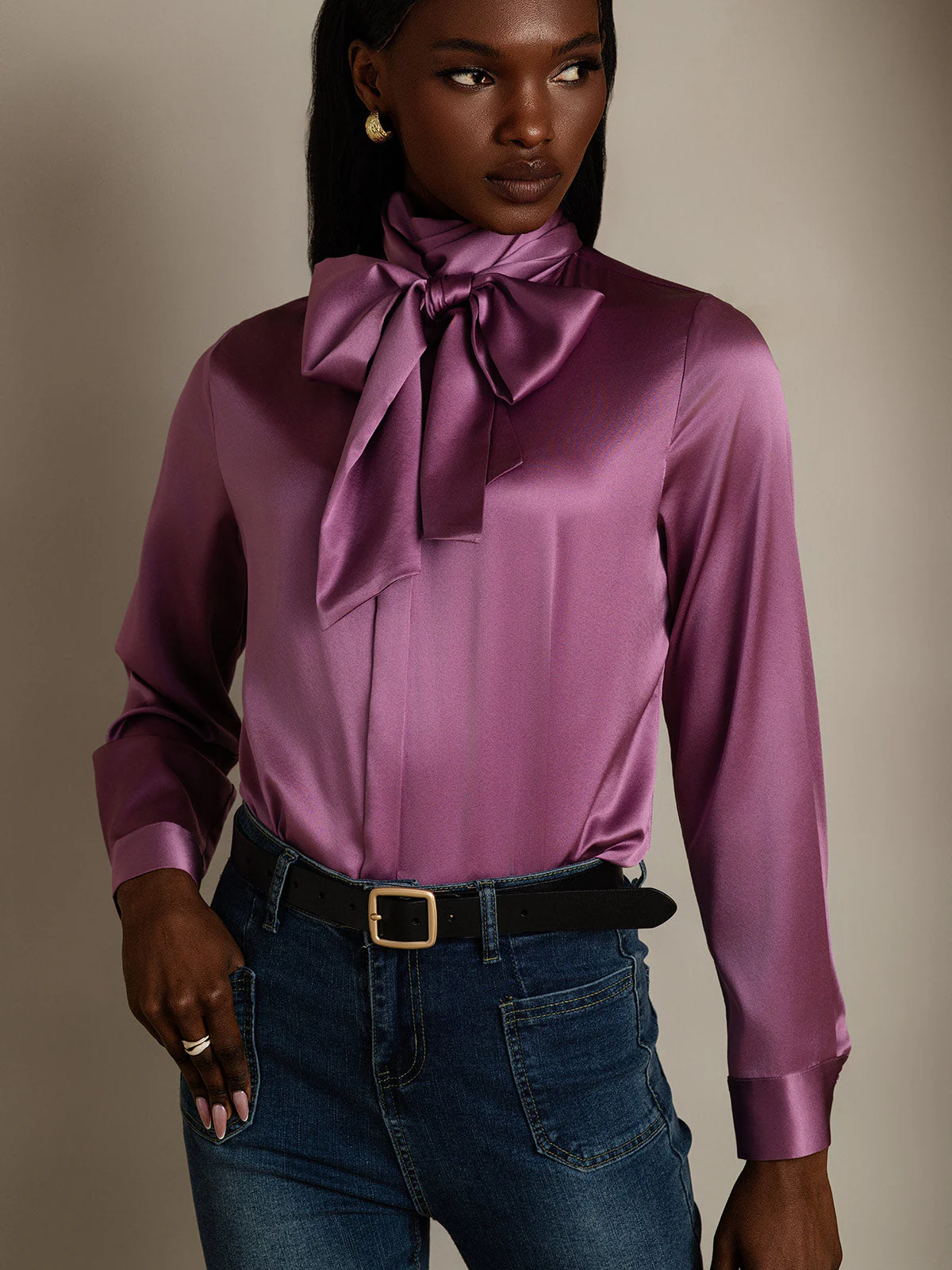 19Momme Silk Long Sleeve High Neck Bow Tie Blouse - Image 35