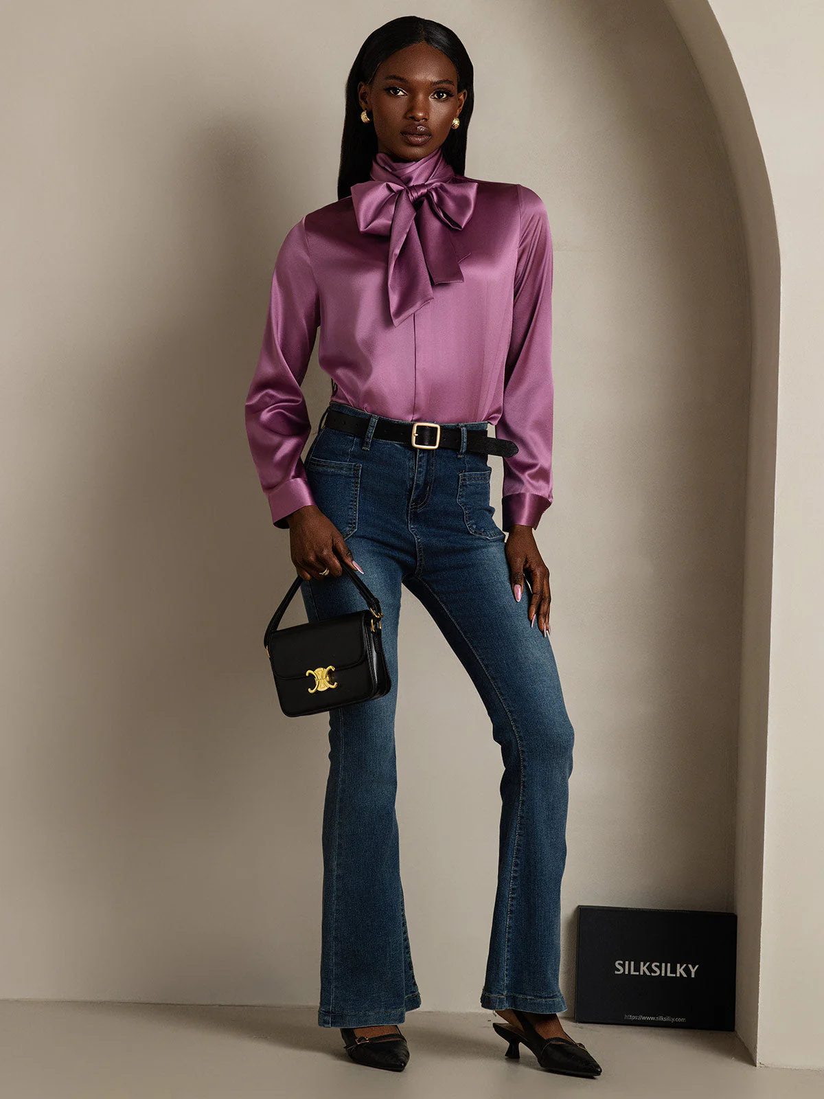 19Momme Silk Long Sleeve High Neck Bow Tie Blouse - Image 37