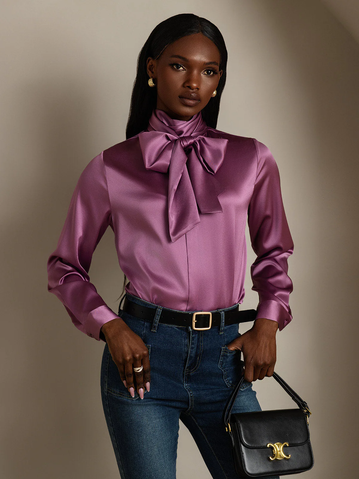 19Momme Silk Long Sleeve High Neck Bow Tie Blouse - Image 39