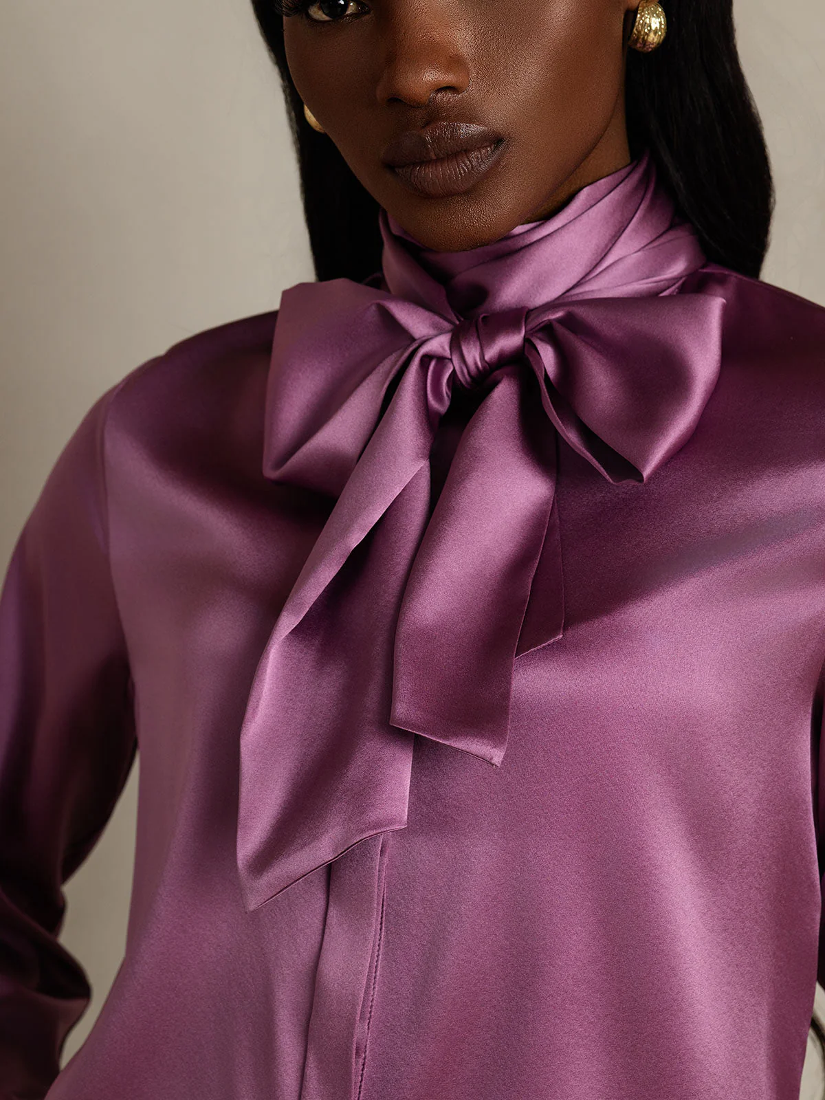 19Momme Silk Long Sleeve High Neck Bow Tie Blouse - Image 40