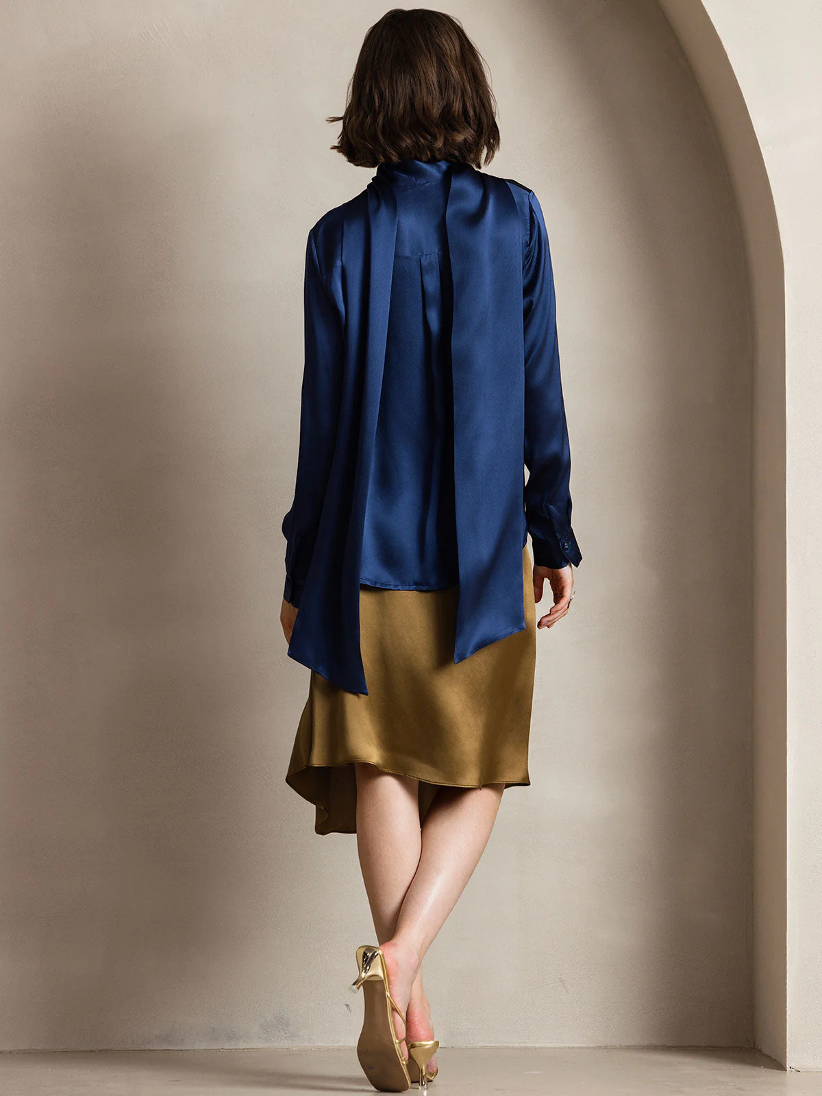19Momme Silk Long Sleeve High Neck Bow Tie Blouse - Image 9