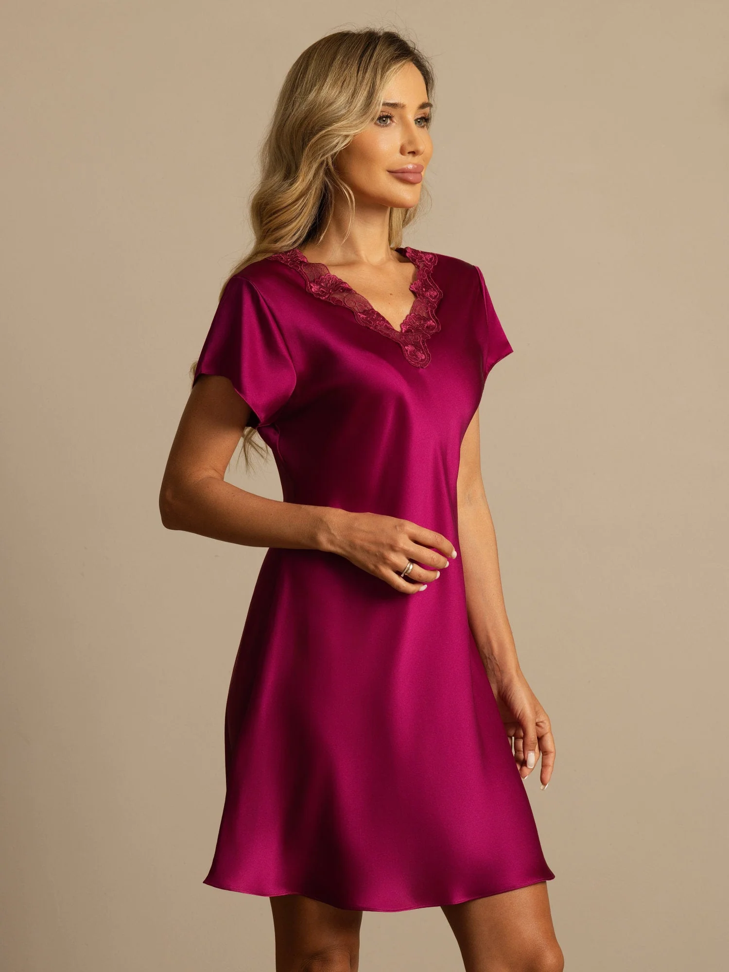 Pure Silk Short Sleeve V-neck Short Nightgown with Lace Split Design - Image 16