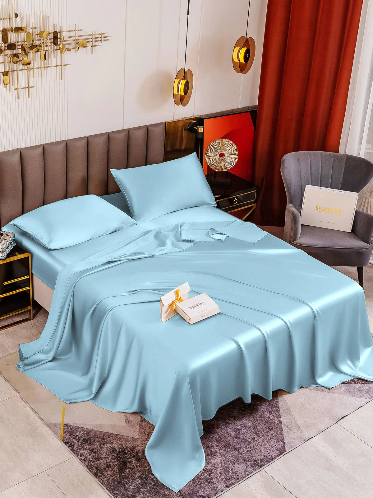 19Momme 4Pcs Silk Set Fitted&Flat Sheets+2x Pillowcases - Image 84