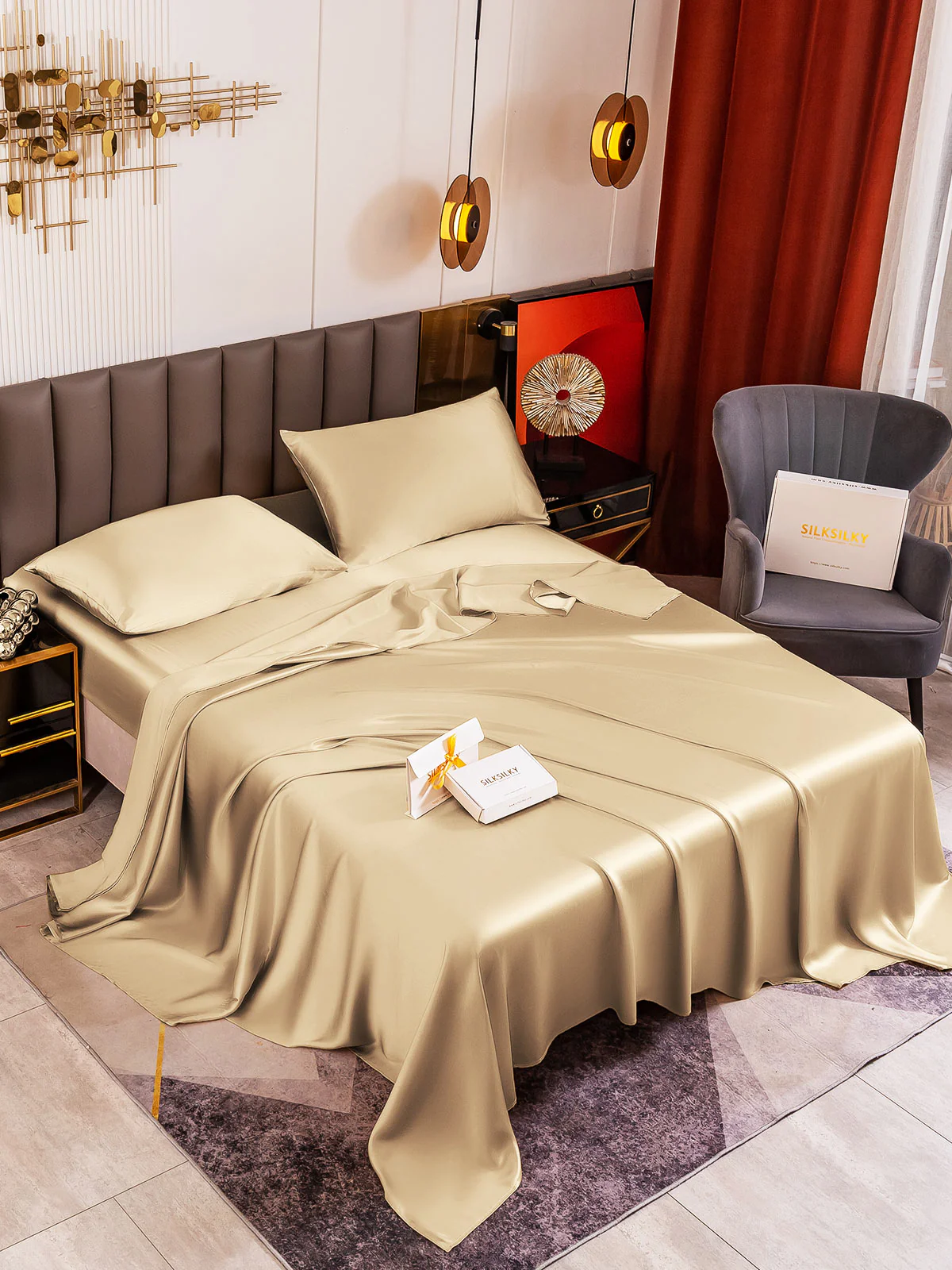 19Momme 4Pcs Silk Set Fitted&Flat Sheets+2x Pillowcases - Image 90